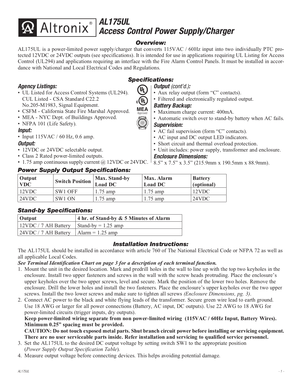 Altronix AL175UL Installation Manual