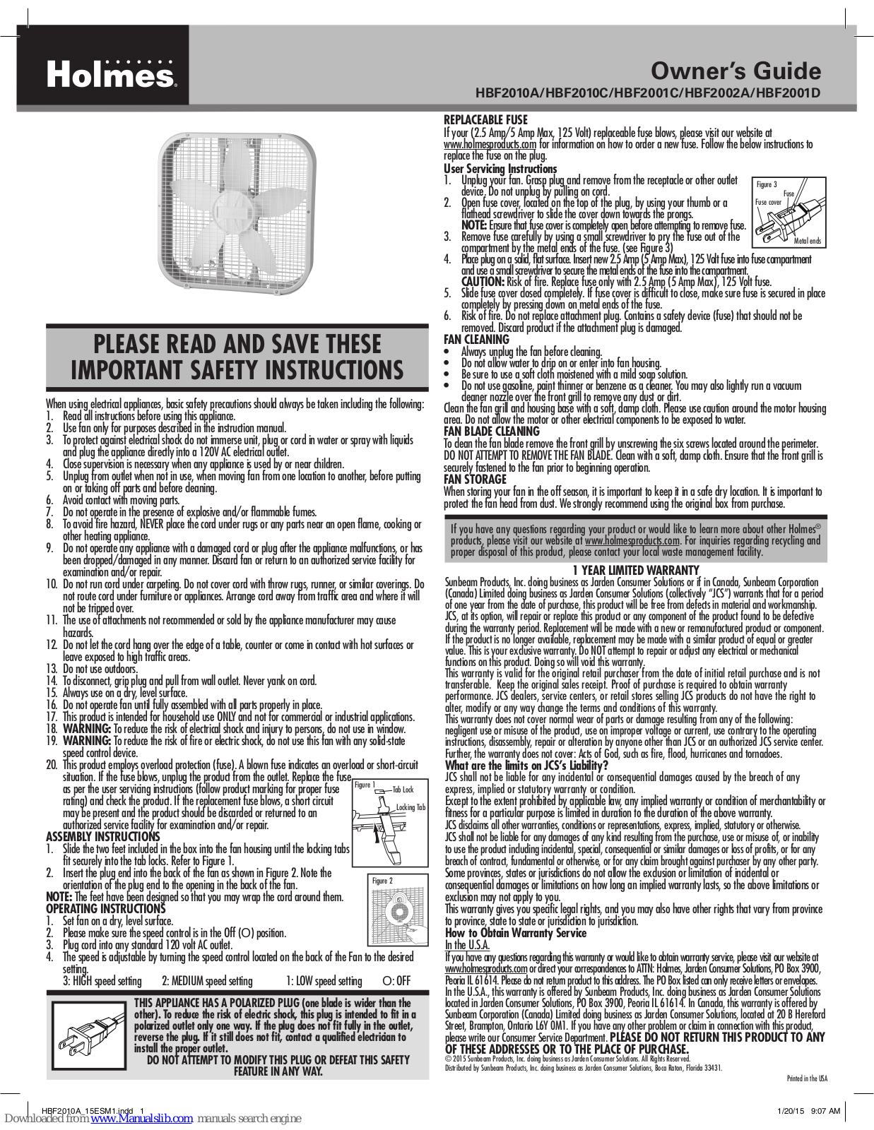 Holmes HBF2001D Owner's Manual