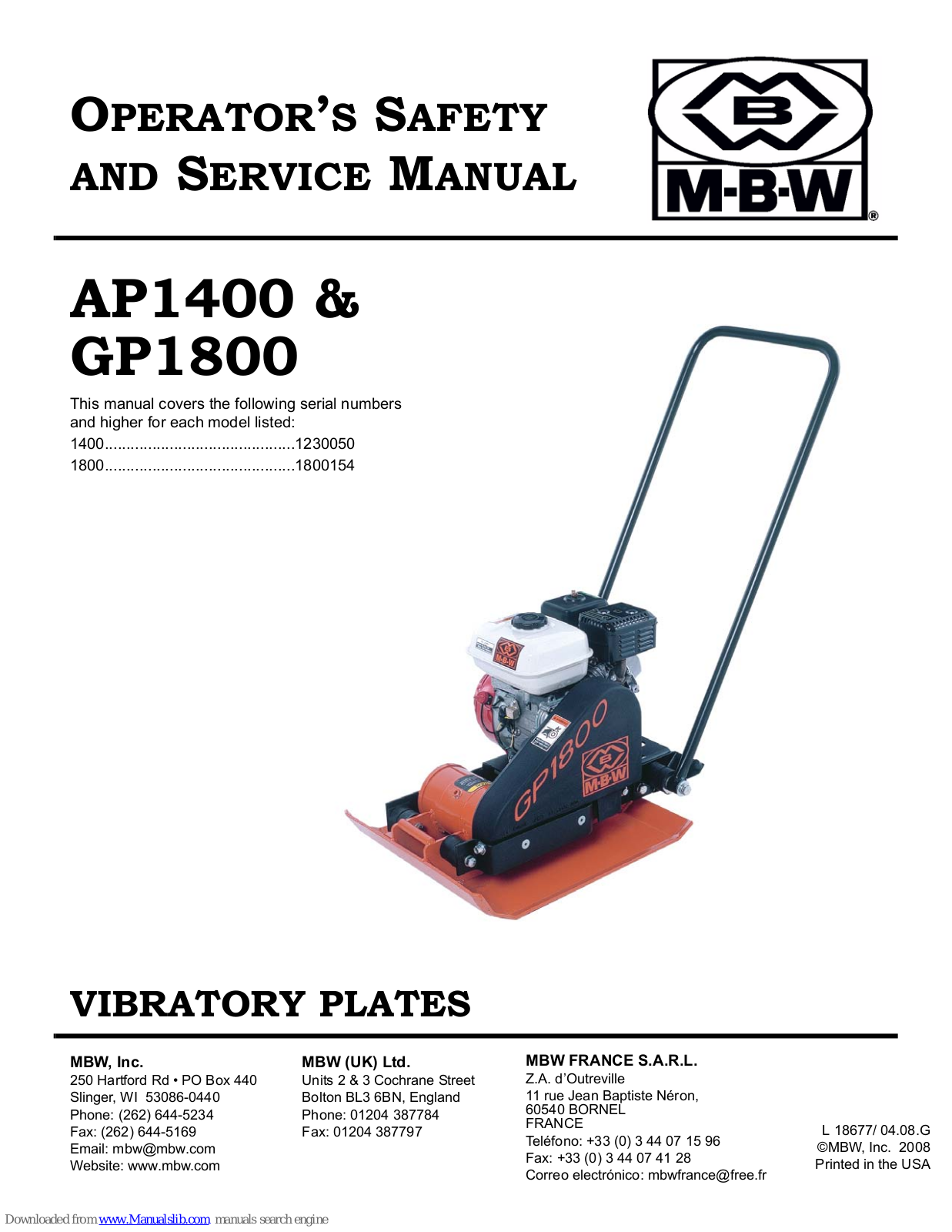 MBW AP1400, GP1800 Operator's Manual