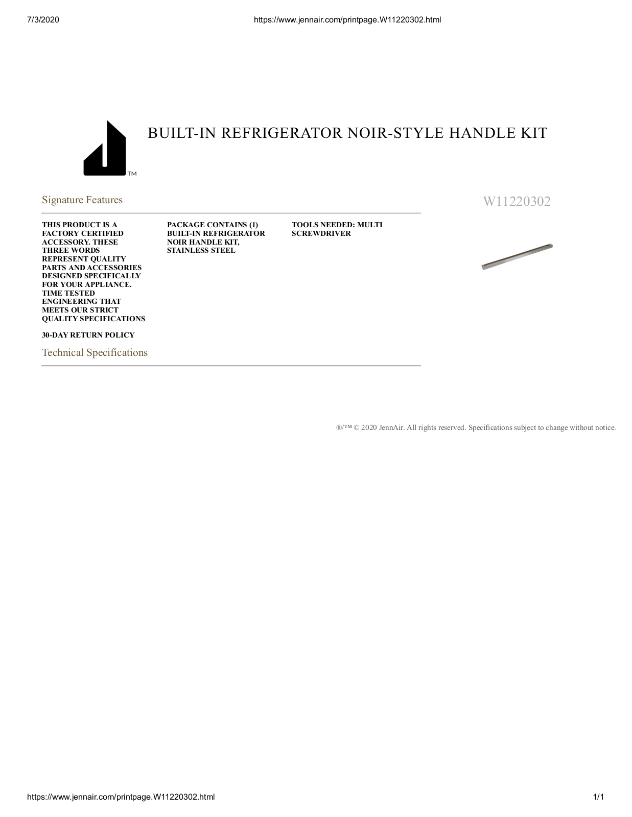 JennAir W11220302 Specification Sheet