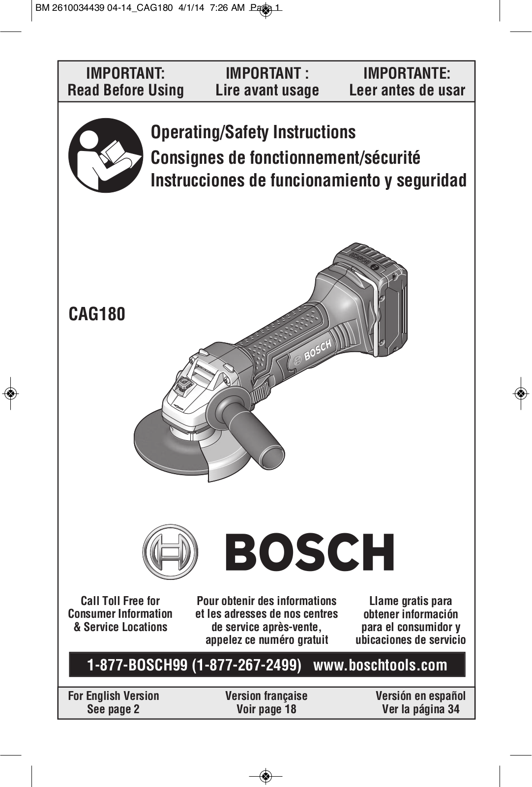 Bosch Power Tools CAG180BN, CAG180BL, CAG180B User Manual