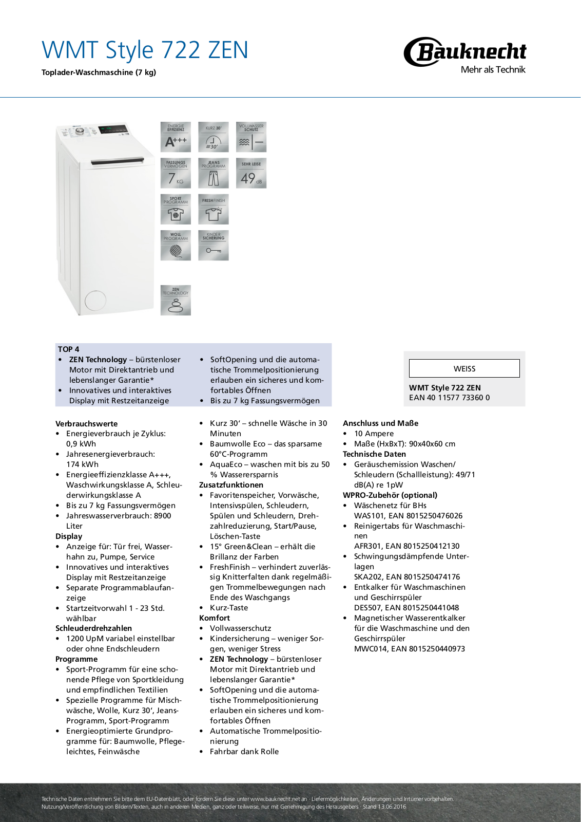 Bauknecht WMT Style 722 Zen User Manual