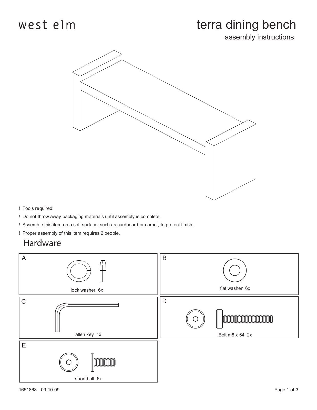 West Elm Terra Dining Bench Assembly Instruction