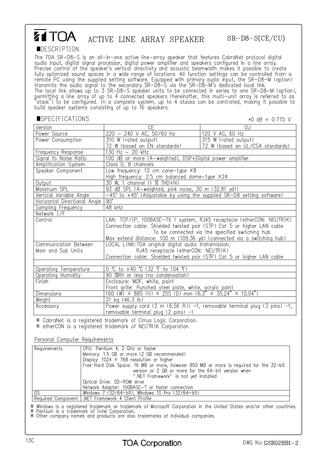 TOA SR-D8-S-CU User Manual