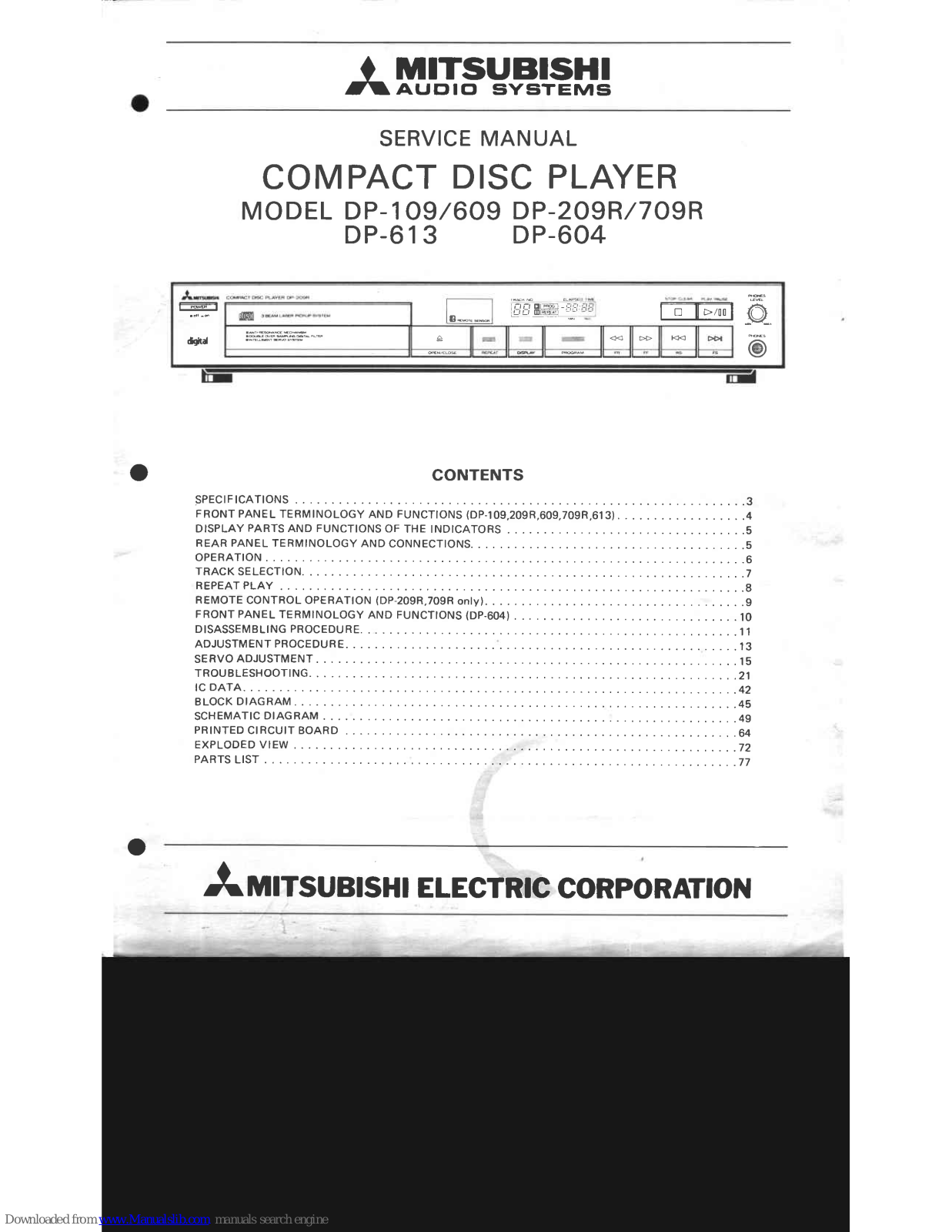 Mitsubishi DP-109, DP-209R, DP-609, DP-709R, DP-613 Service Manual