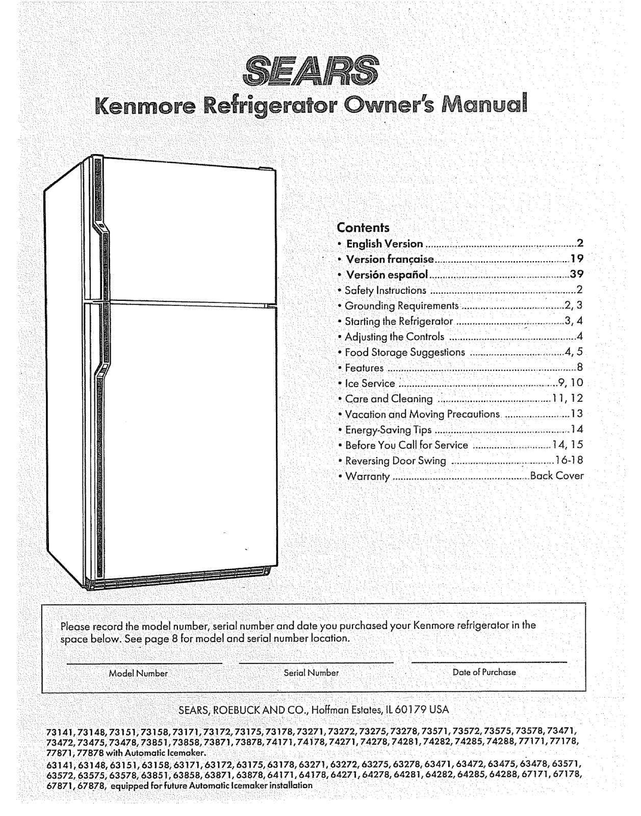 Kenmore 3639738715, 3639735719 Owner’s Manual