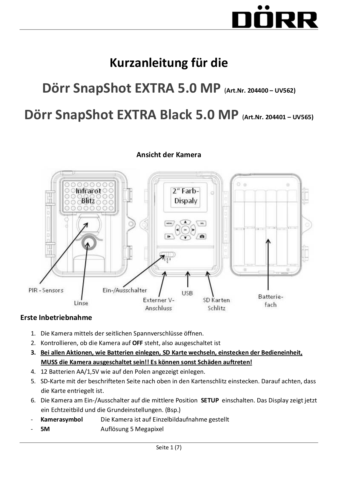 DÖRR UV562, UV565, SnapShot EXTRA 5.0 MP, SnapShot EXTRA Black 5.0 MP User guide