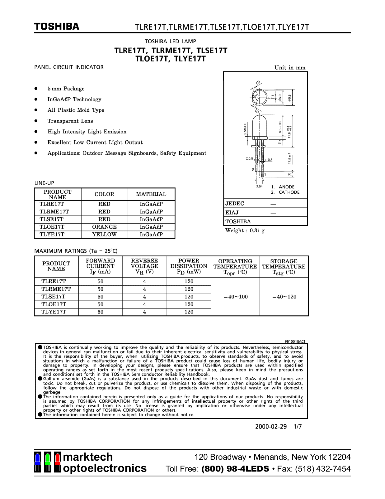 Marktech TLYE17T, TLSE17T, TLRME17T, TLRE17T, TLOE17T Datasheet