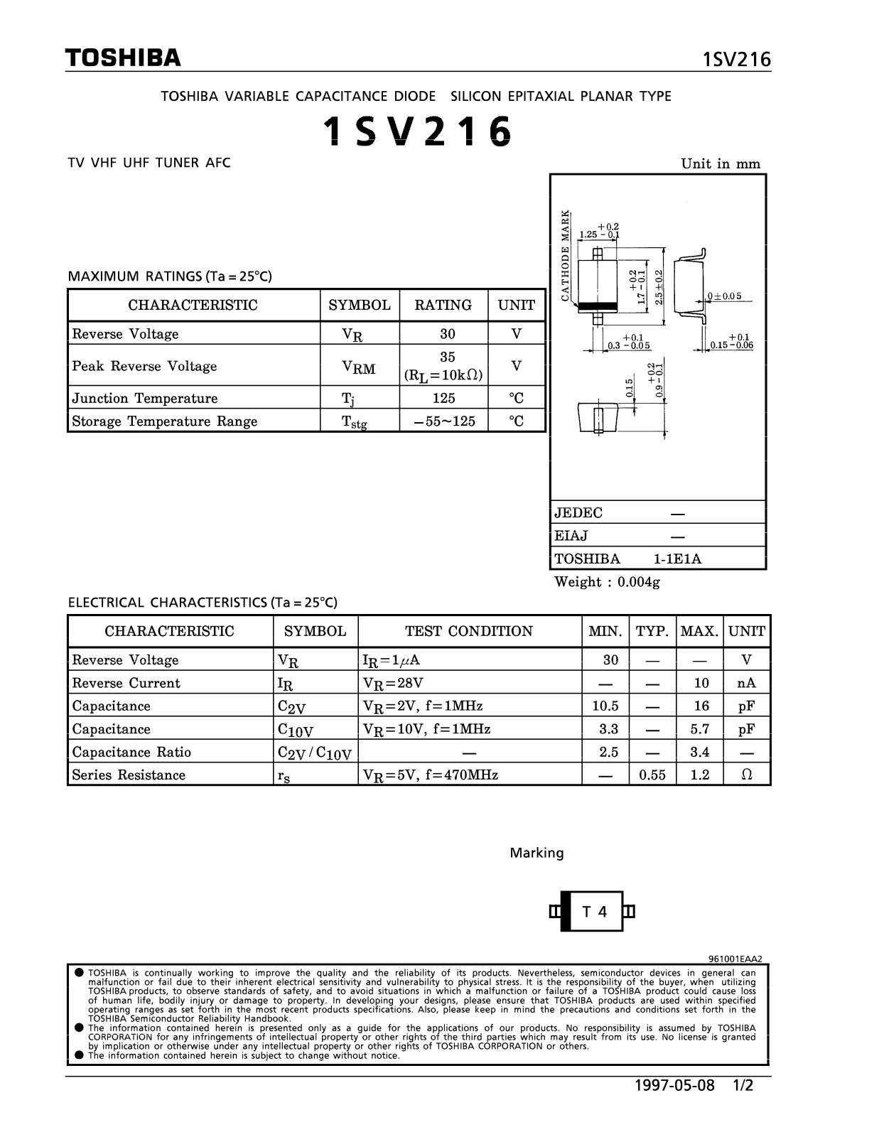 Toshiba 1SV216 Datasheet