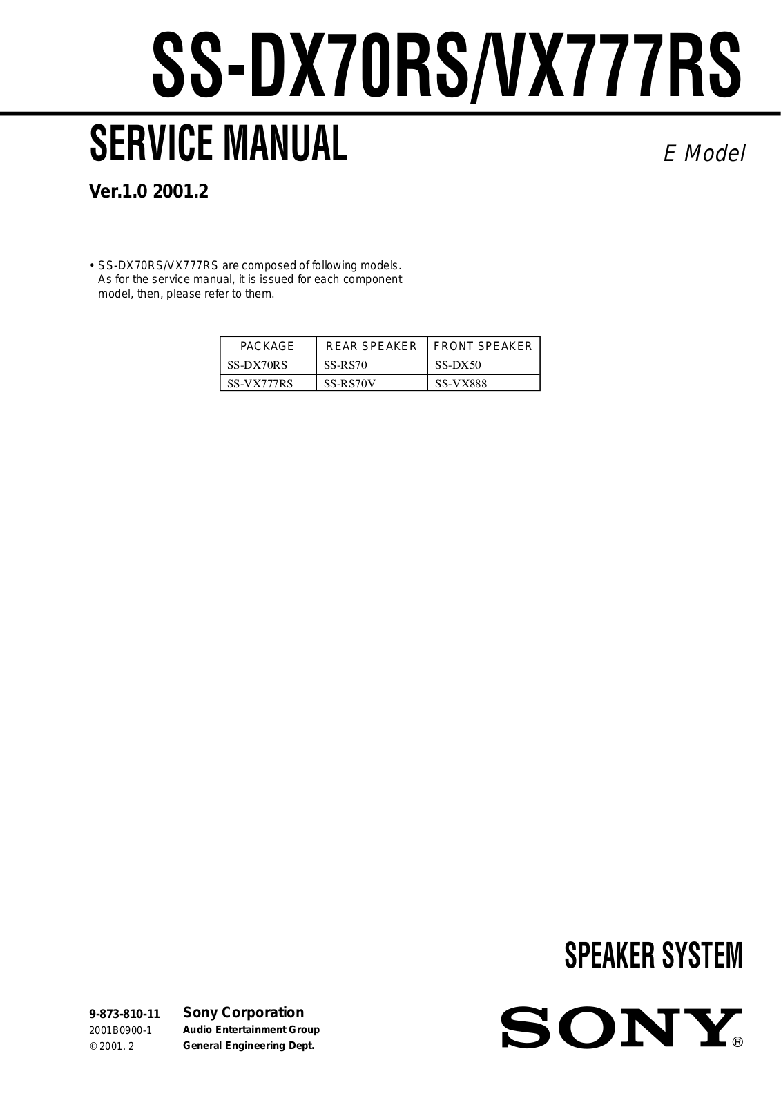 Sony SS-DX70RS, SS-VX777RS Service Manual