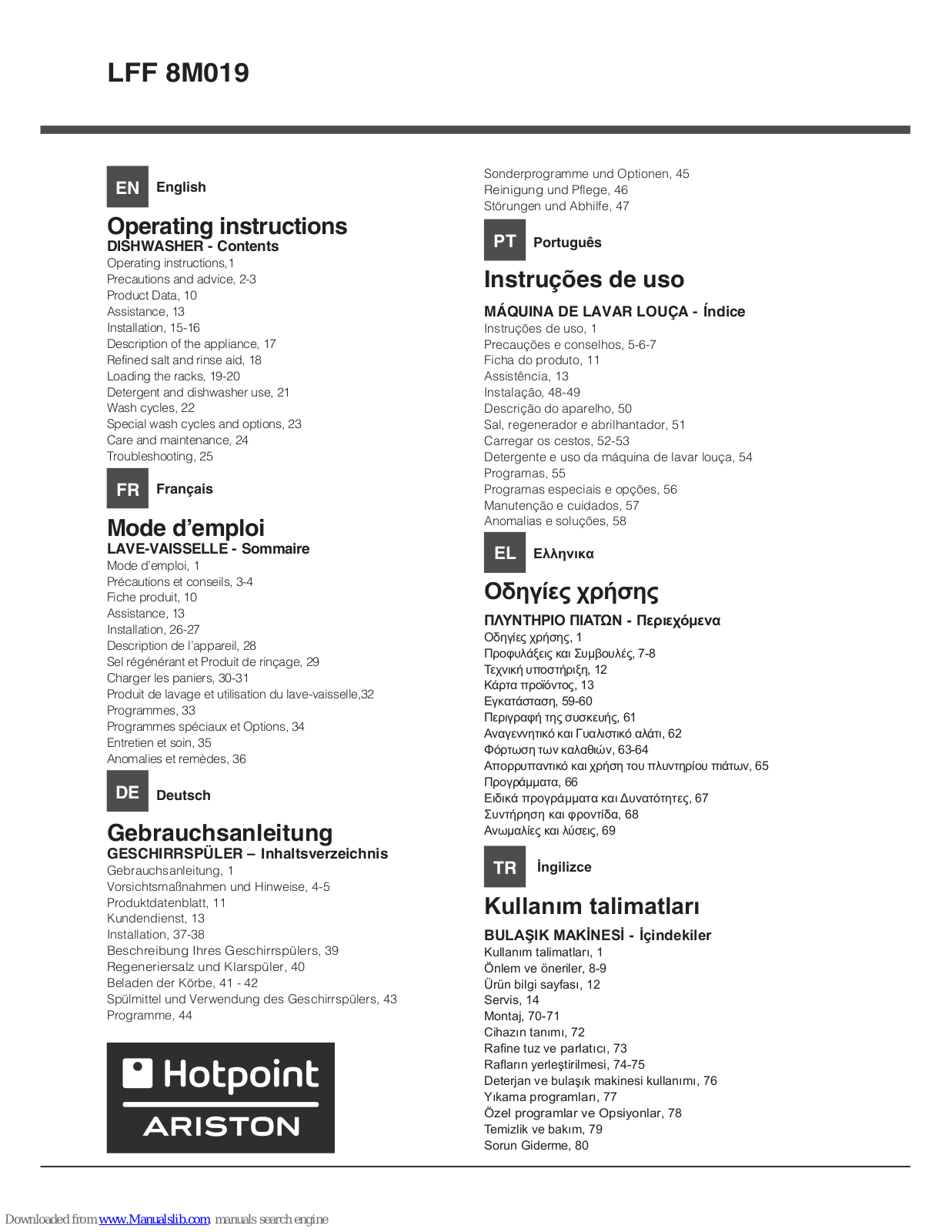 Hotpoint Ariston LFF 8M019 Operating Instructions Manual