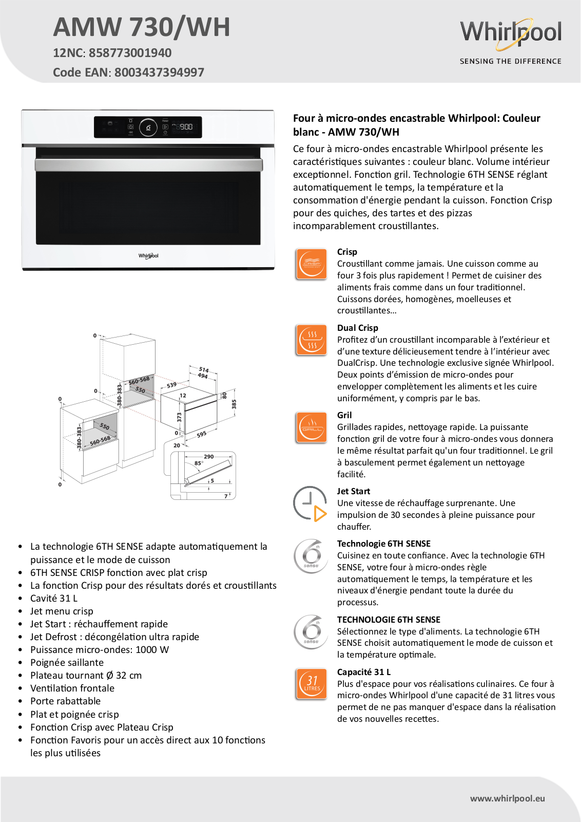 Whirlpool AMW 730/WH Product information