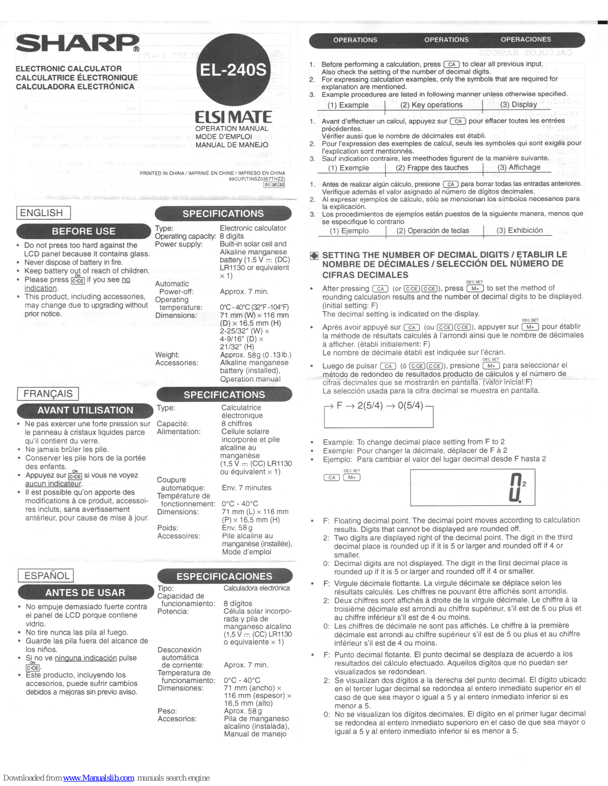 Sharp EL-240S,EL-240S Elsi Mate Operation Manual