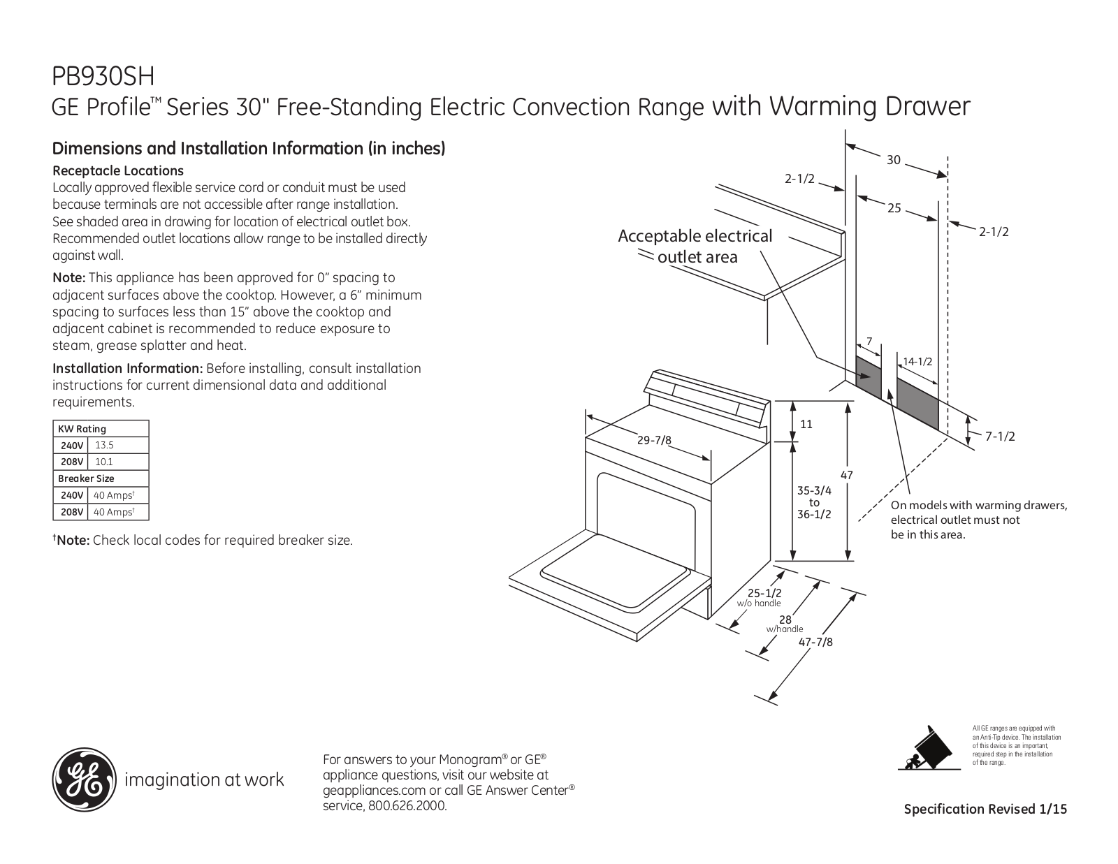 GE PB930SHSS Specification Sheet