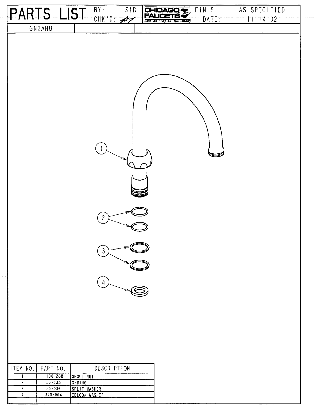 Chicago Faucet GN2AH8JKABCP, GN2AH8JKCP Parts List