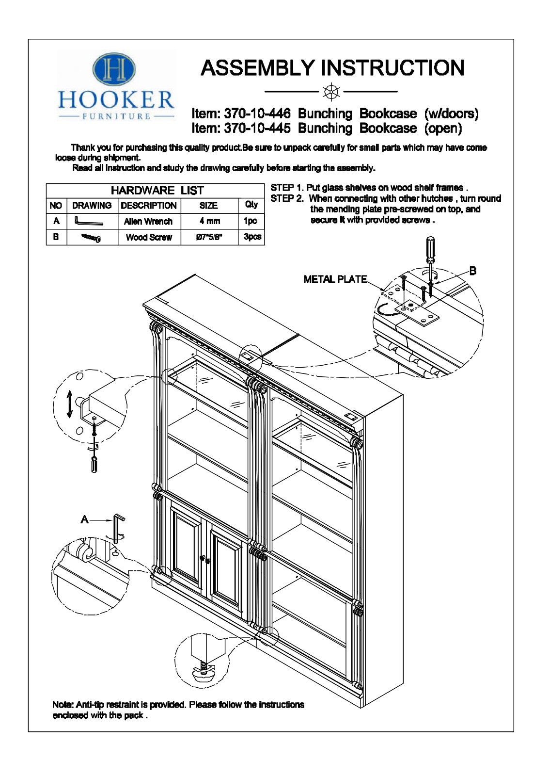 Hooker Furniture 37010446 Assembly Guide