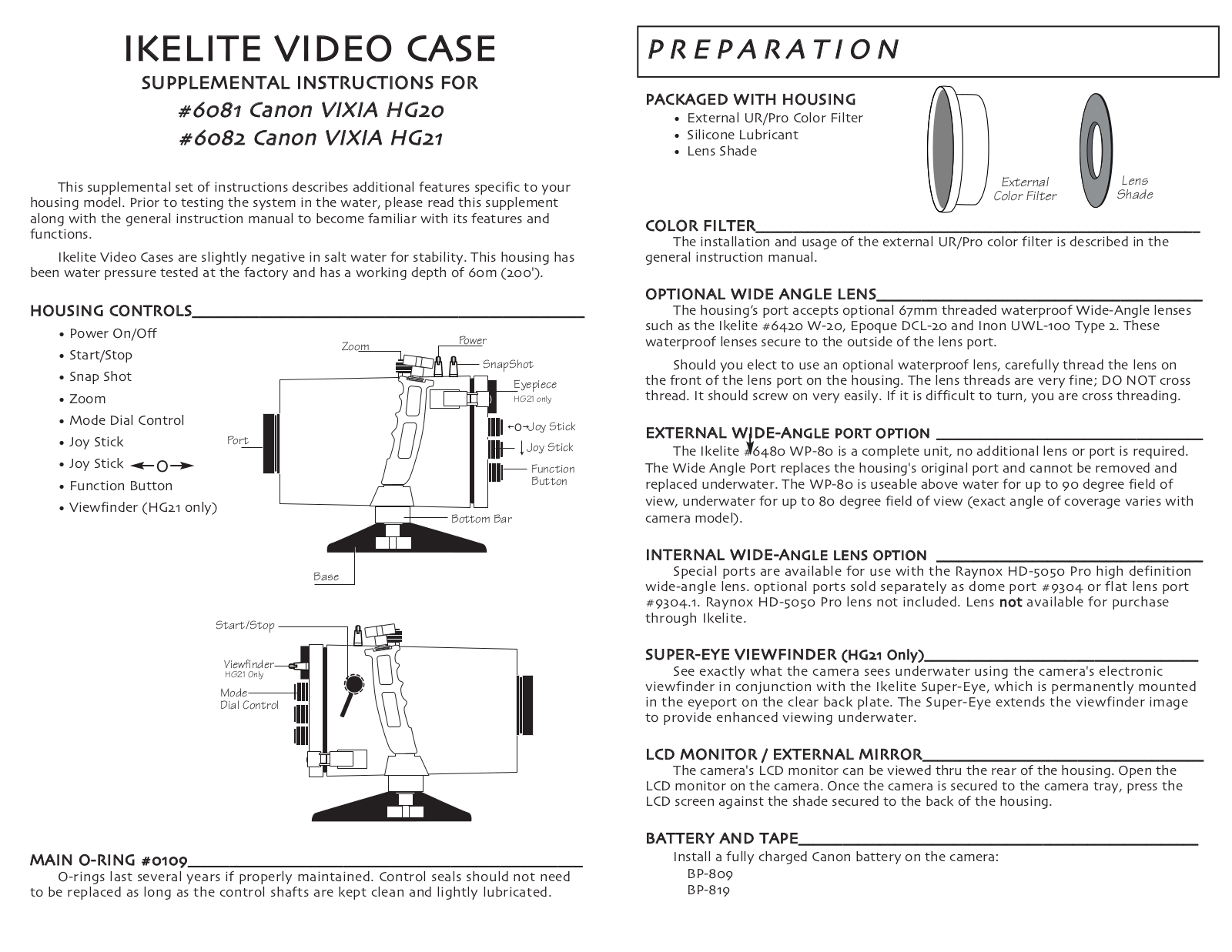 Ikelite 6081, HG-20, HG-21, 6082 User Manual