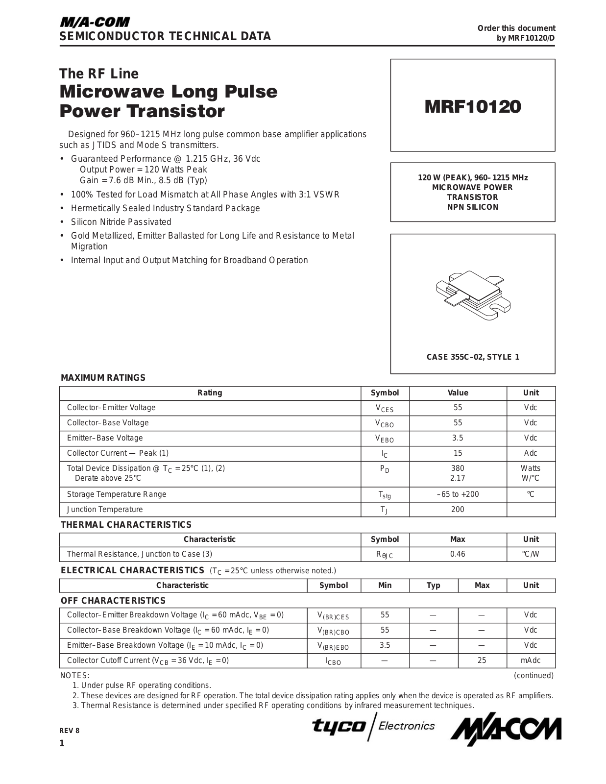 M A COM MRF10120 Datasheet