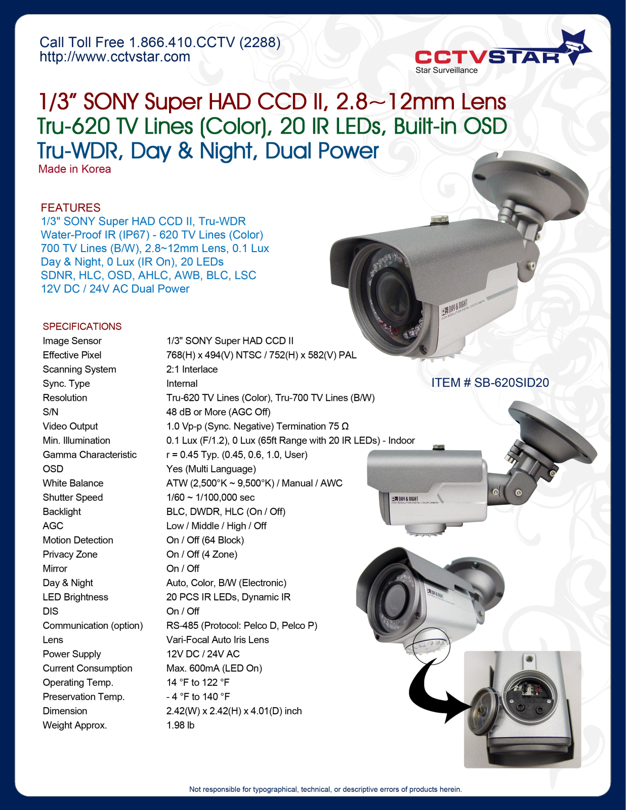 CCTV Star SB-620SID20 Specsheet - ManualMachine.com