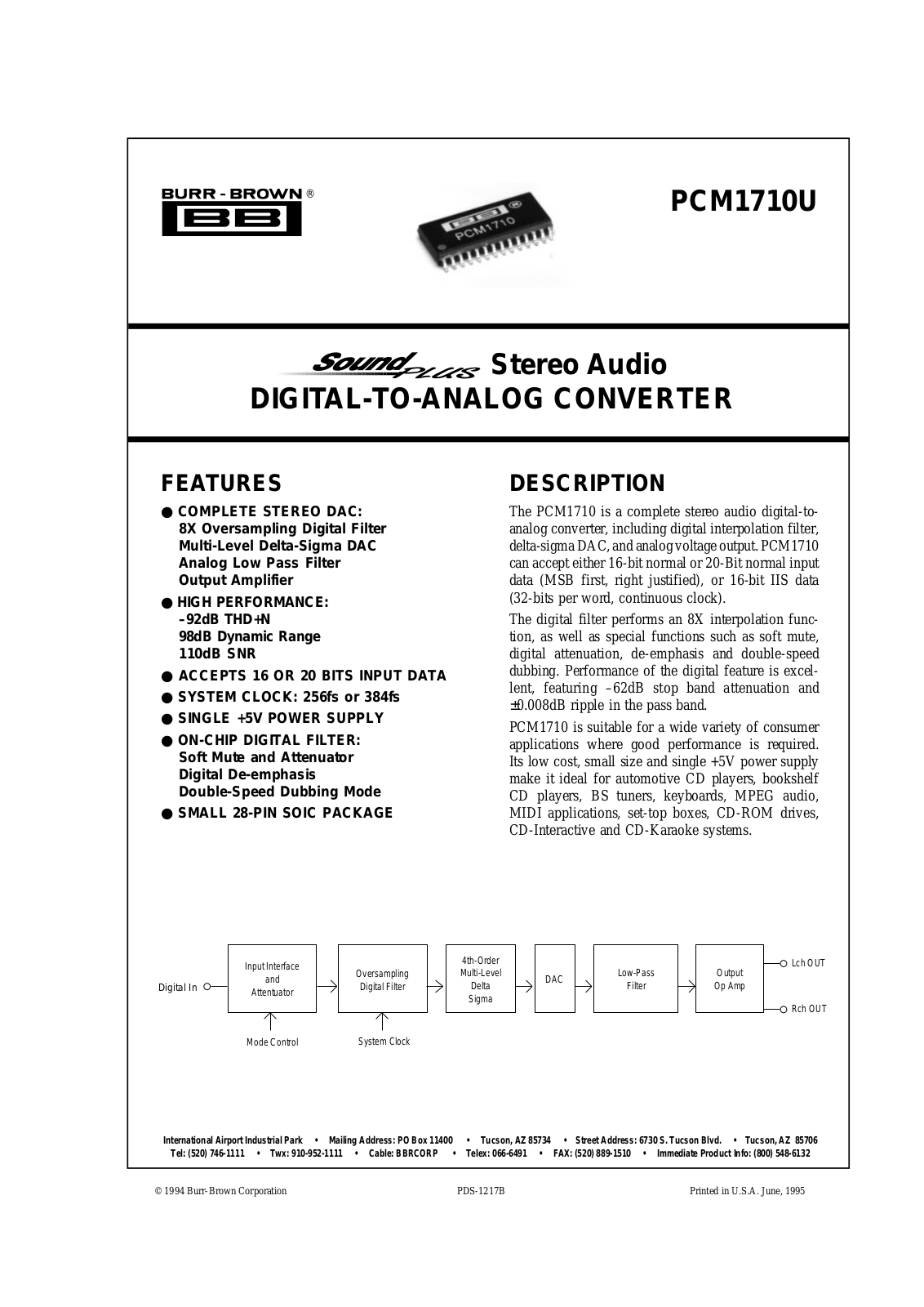 Burr Brown PCM1710U, PCM1710U-1K Datasheet