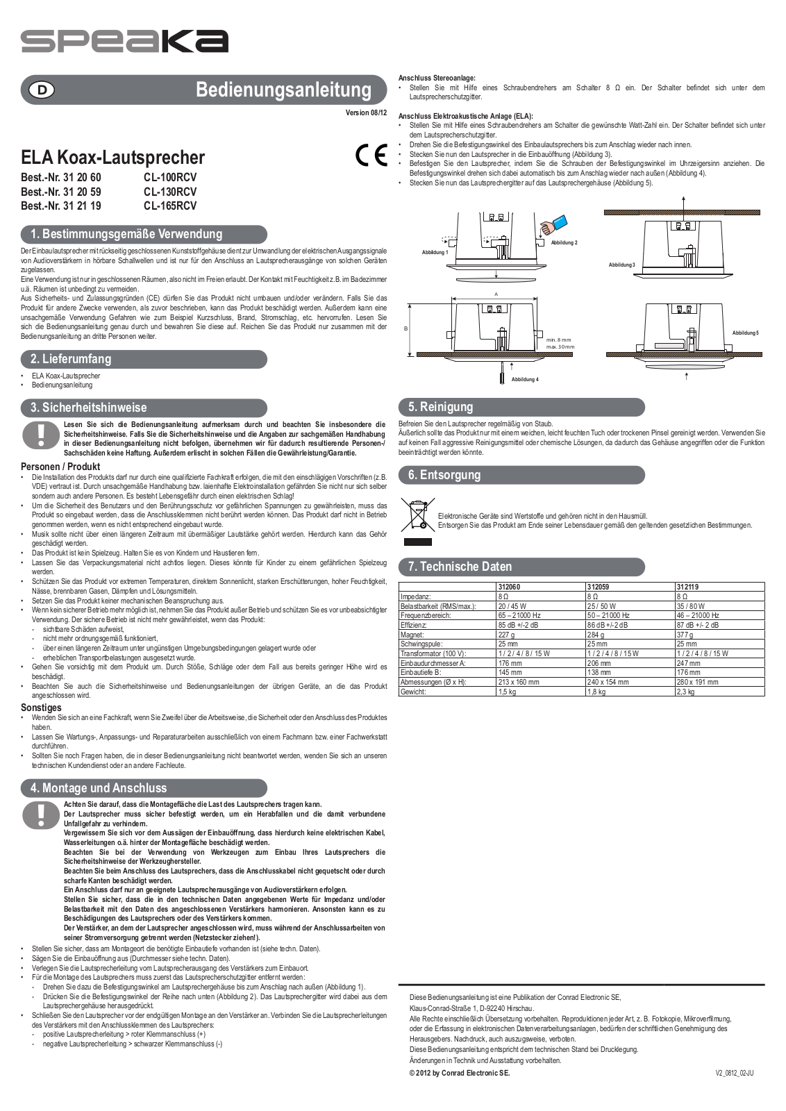 SpeaKa CL-130RCV, CL-100RCV, CL-165RCV Operating Instructions