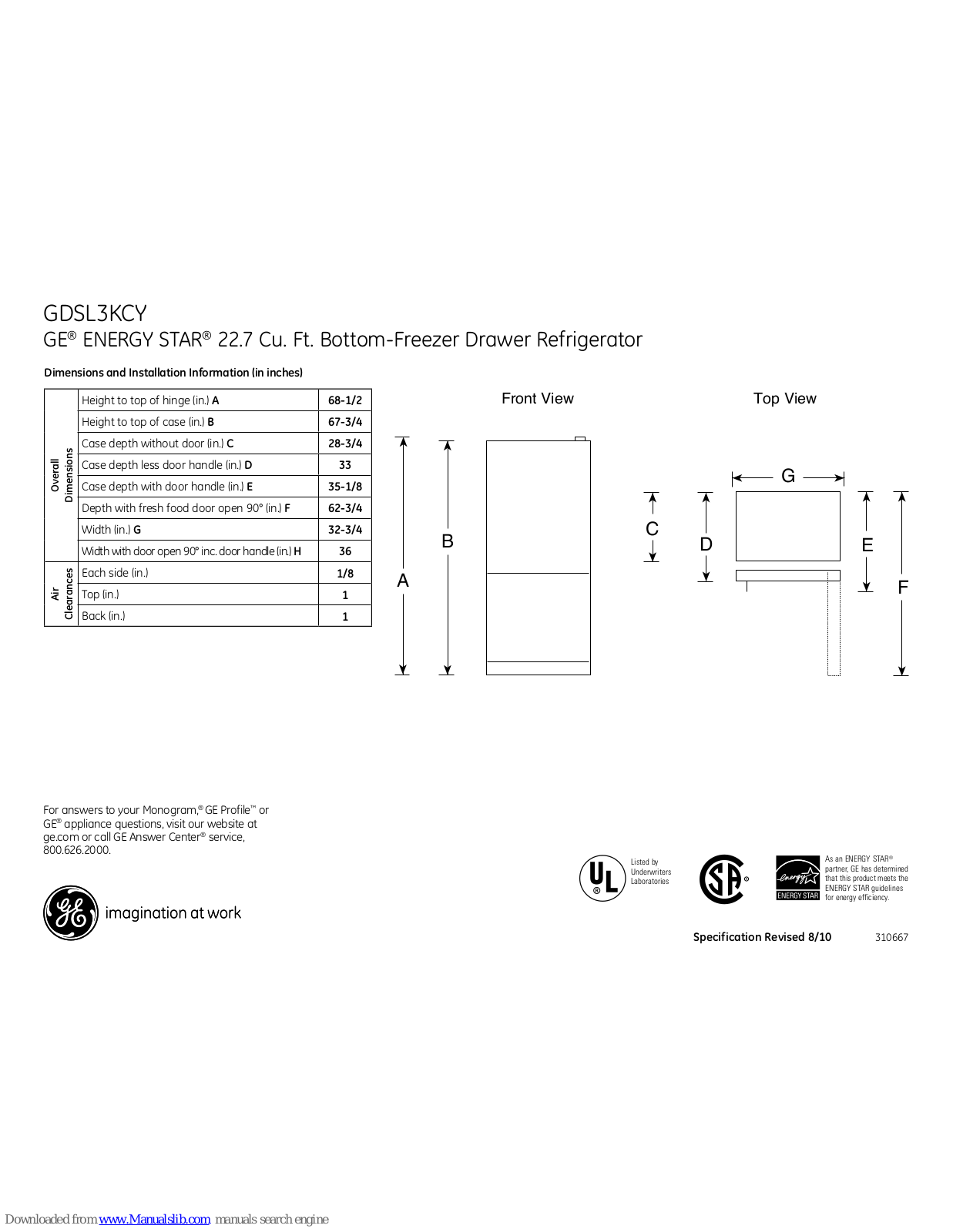 GE GDSL3KCYRLS - R 22.9 Cu. Ft. Bottom-Freezer Drawer Refrigerator, ENERGY STAR GDSL3KCY Dimensions And Installation Information