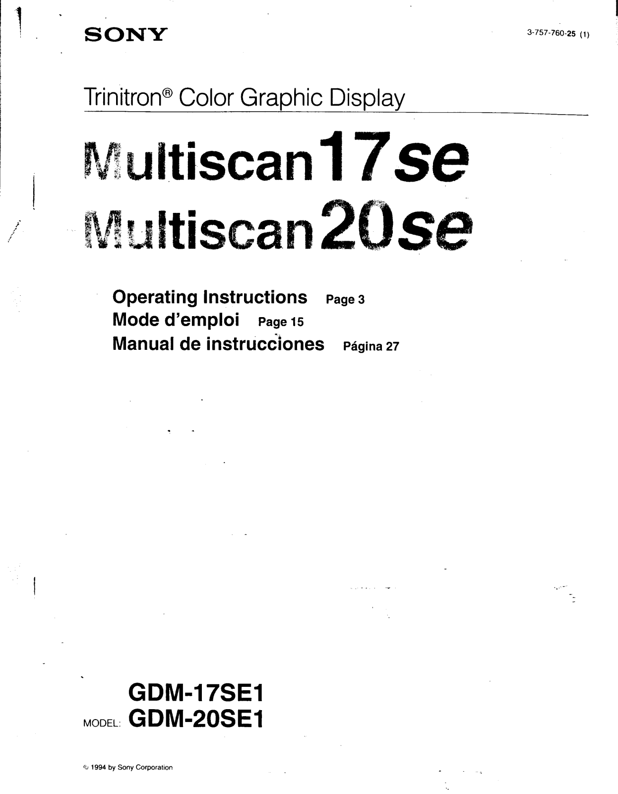 Sony GDM-17SE, GDM-20SE Operating Manual