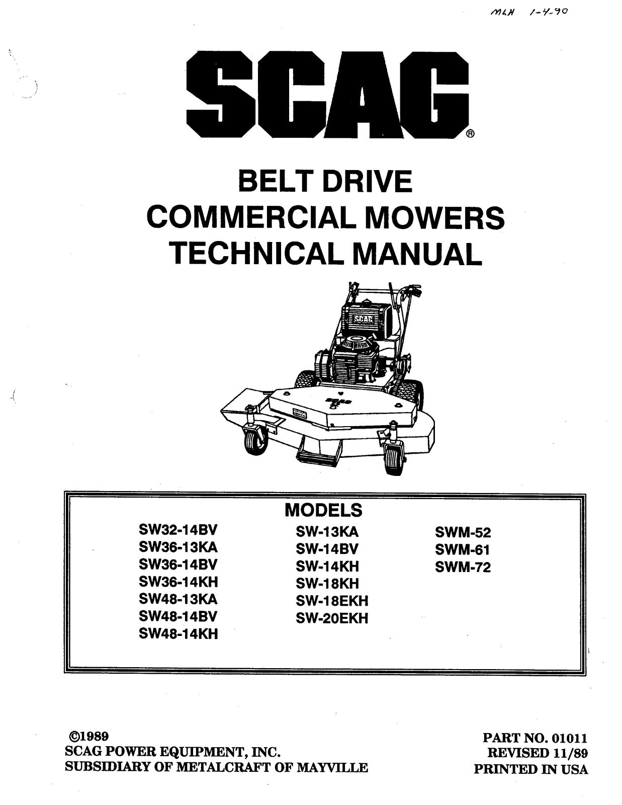 Scag Power Equipment SW-13KA, SW-14BV, SW-18EKH, SW-20EKH, SW-18KH User Manual