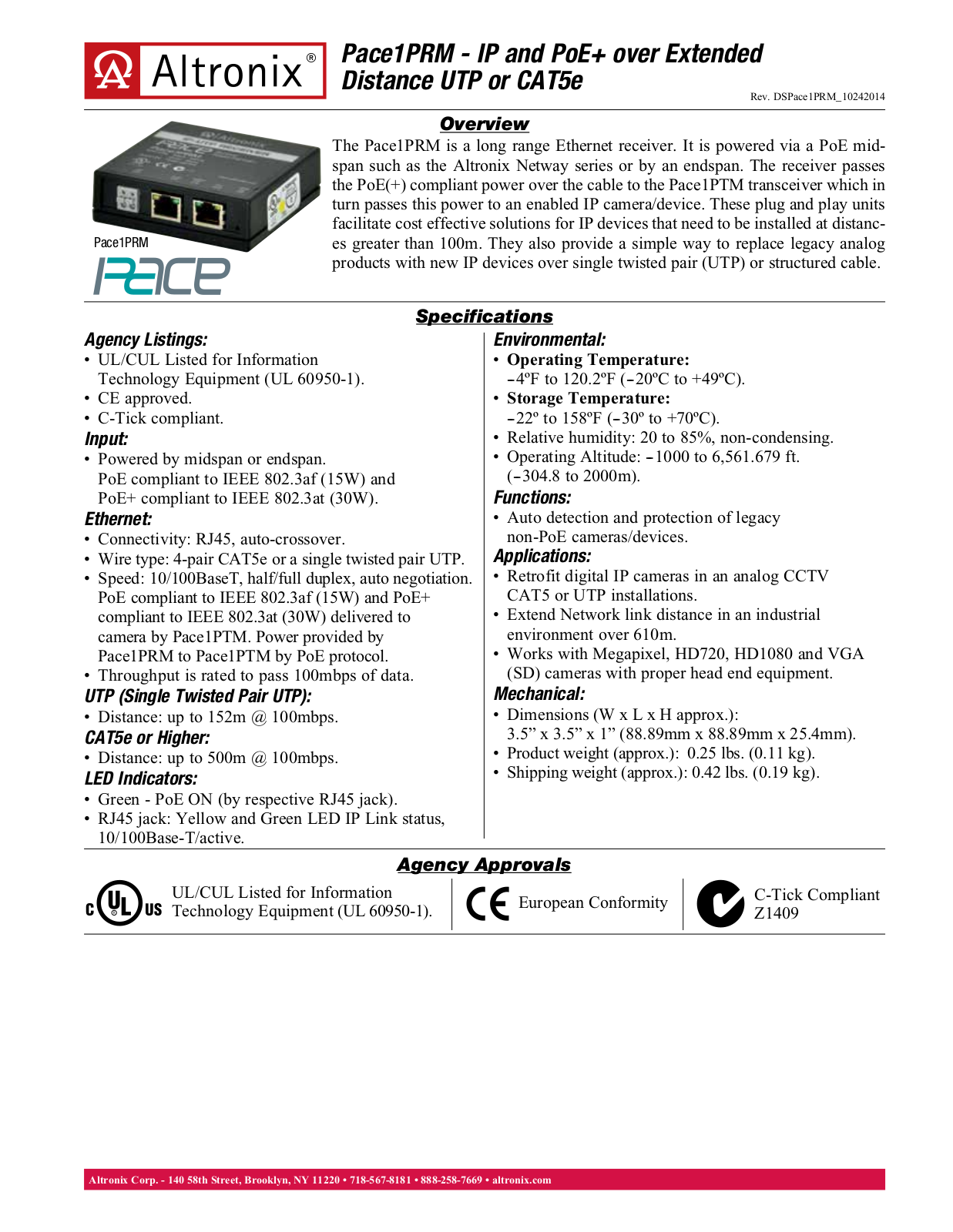 Altronix PACE1PRM Specsheet