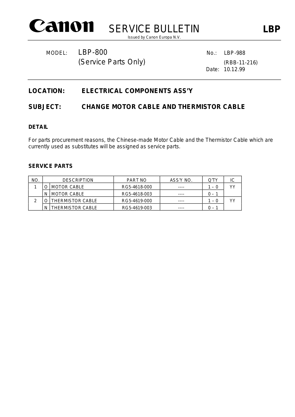 CANON lbp-988 SERVICE BULLETIN