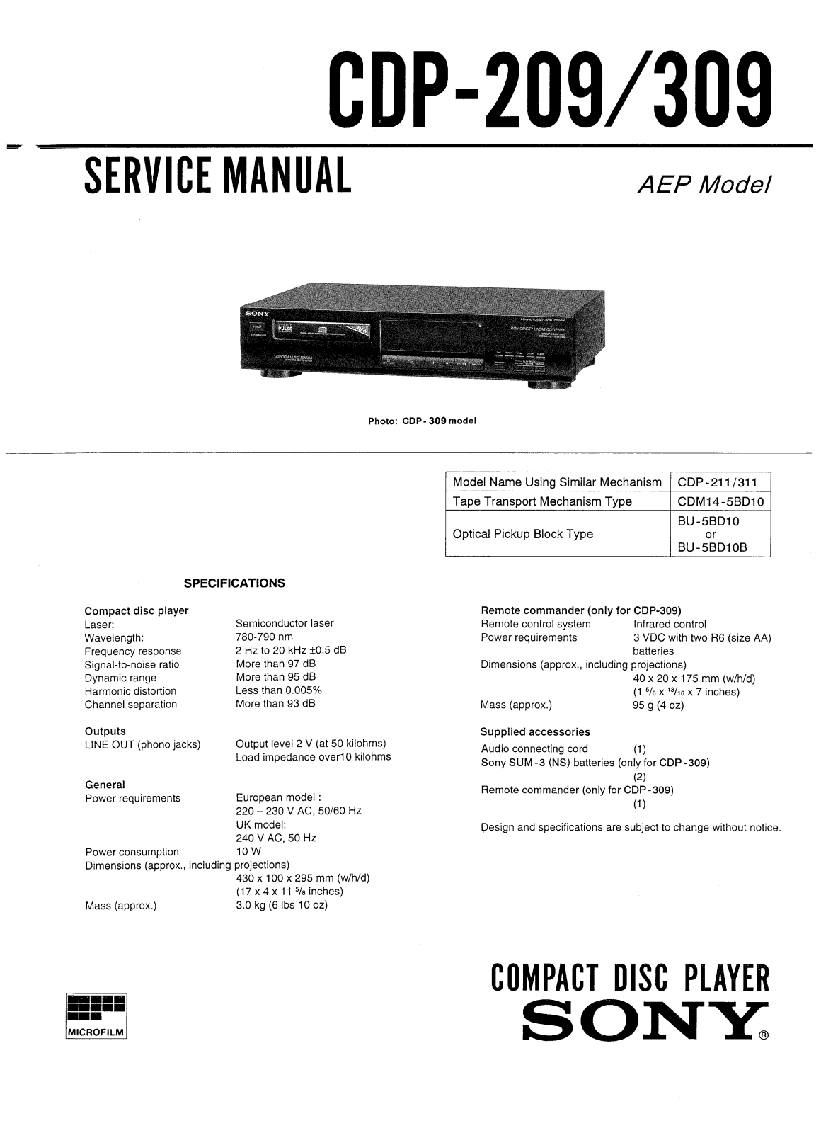 Sony CDP-209, CDP-309 Service manual