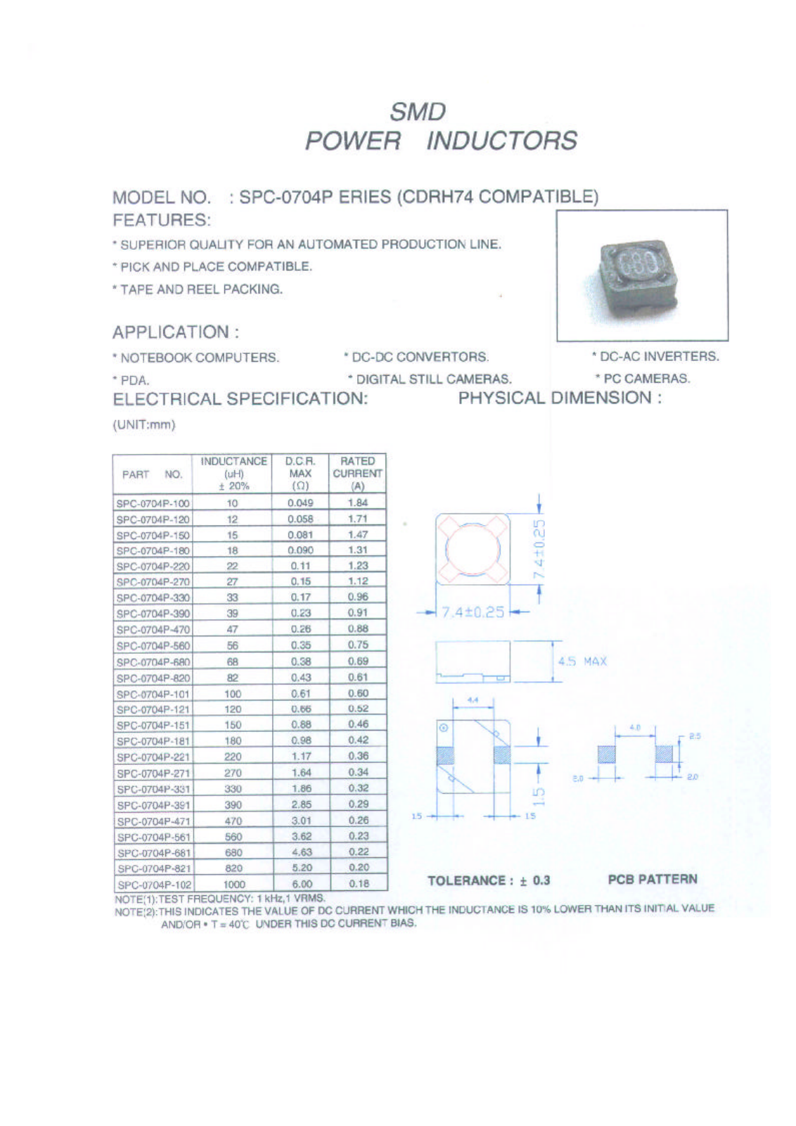 MICRO SPC-0704P-151, SPC-0704P-180, SPC-0704P-181, SPC-0704P-220, SPC-0704P-221 Datasheet