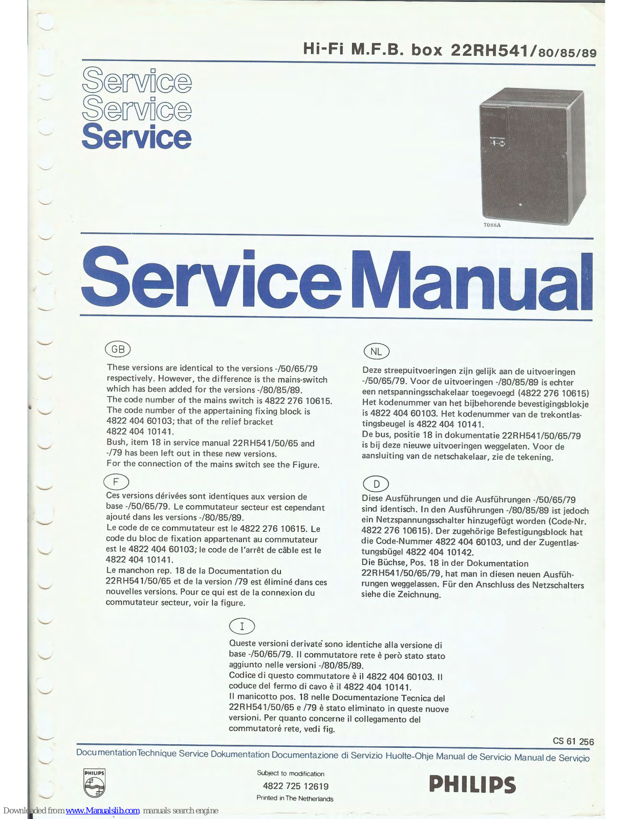 Philips 22H541, 22H580, 22H585, 22H589 Service Manual