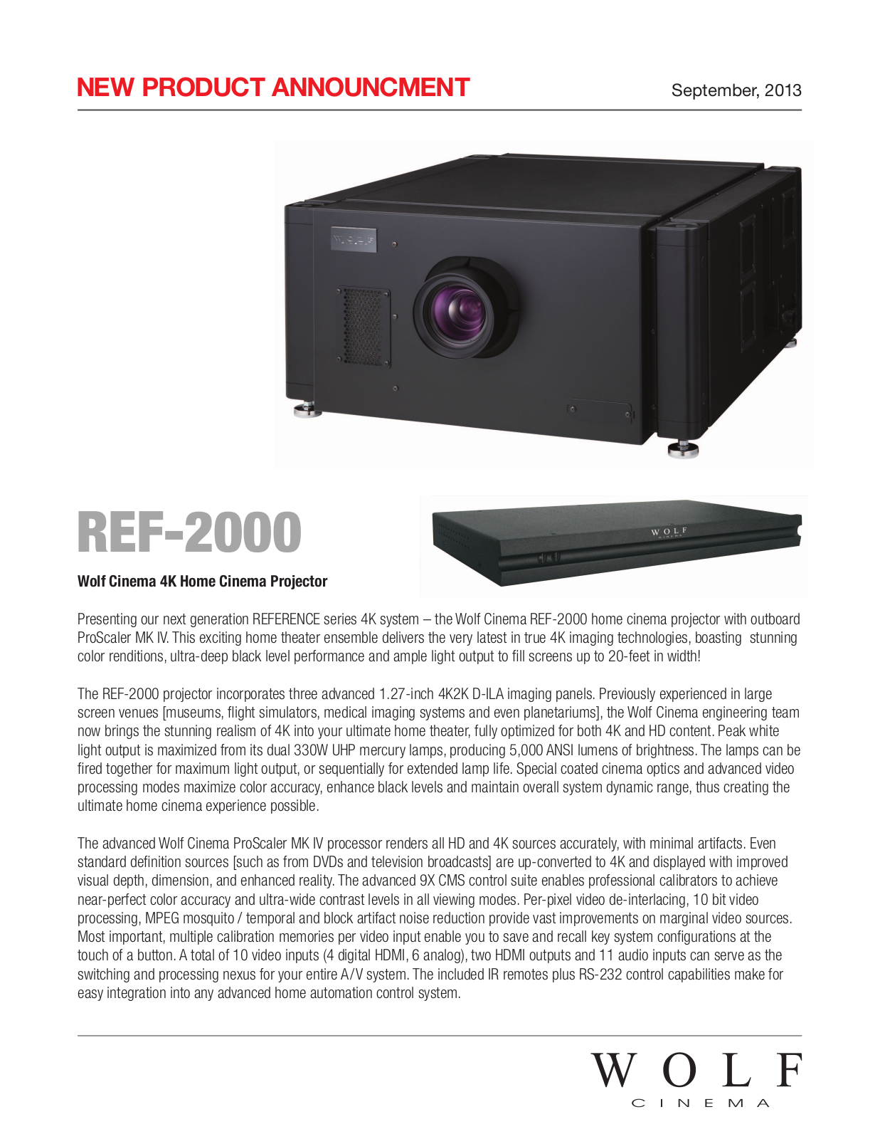 Wolf Cinema REF-2000 Product Sheet