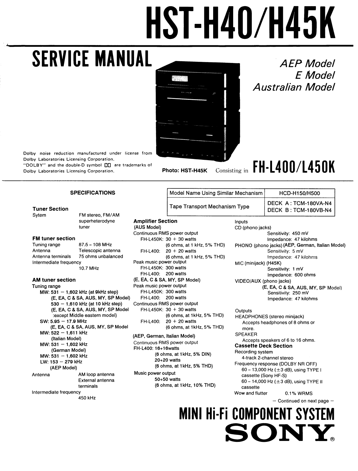 Sony HSTH-40, HSTH-45-K Service manual