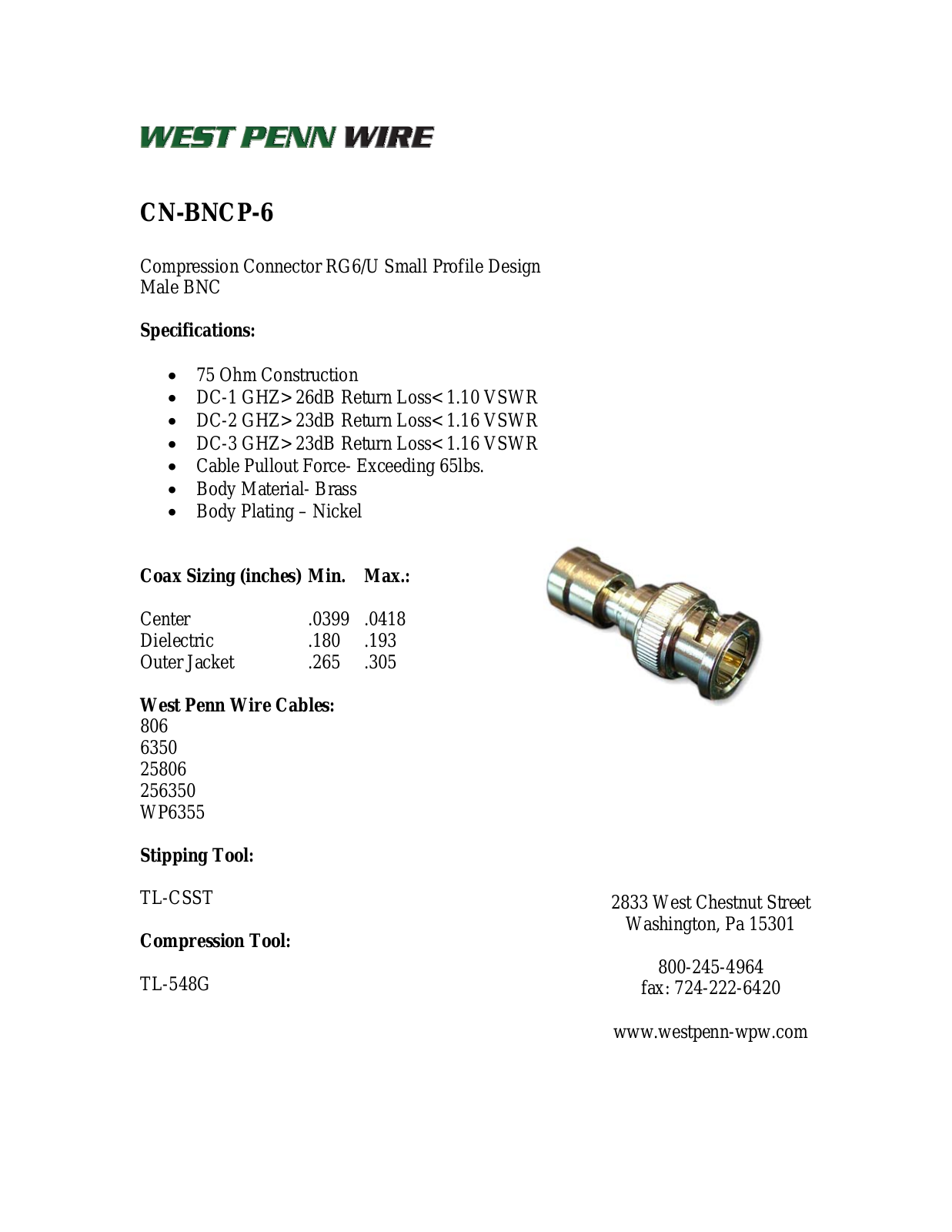 West Penn CN-BNCP-6 Specsheet