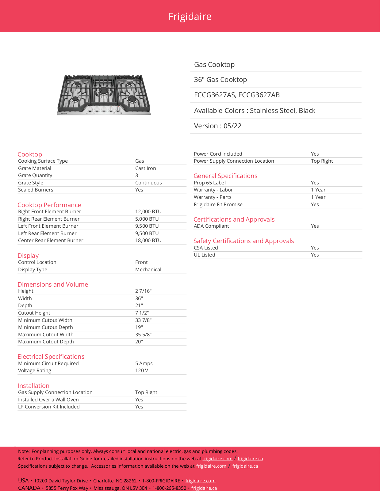 Frigidaire FCCG3627AB Specifications - ManualMachine.com