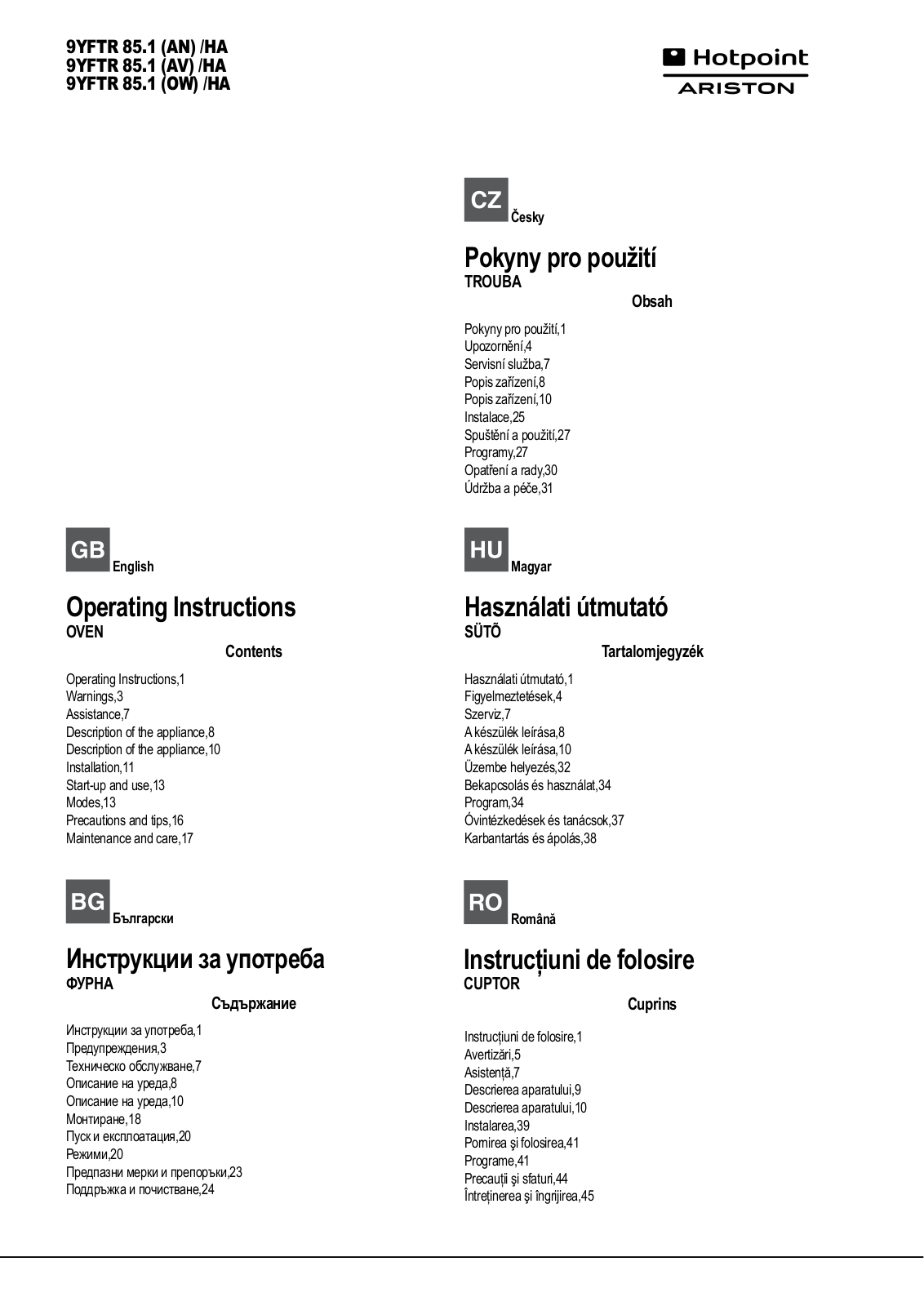 HOTPOINT/ARISTON 9YFTR 85.1 (AV) /HA User Manual