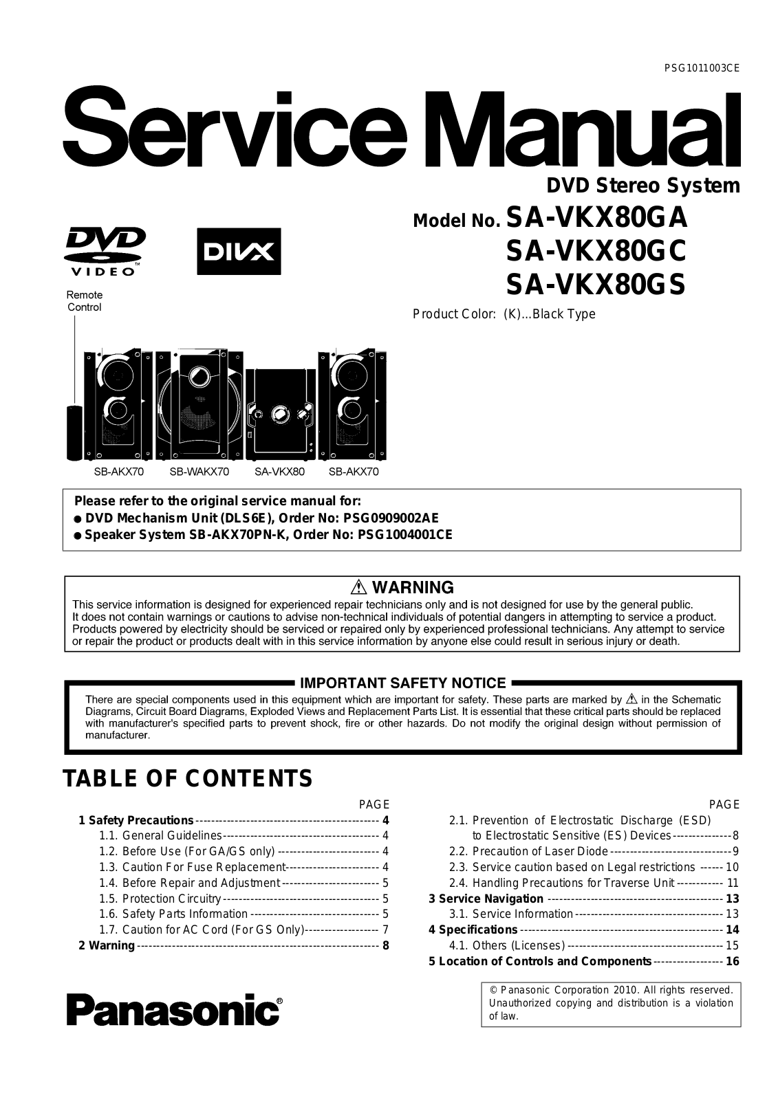 Panasonic SA-VKX80GA, SA-VKX80GC, SA-VKX80GS Service Manual