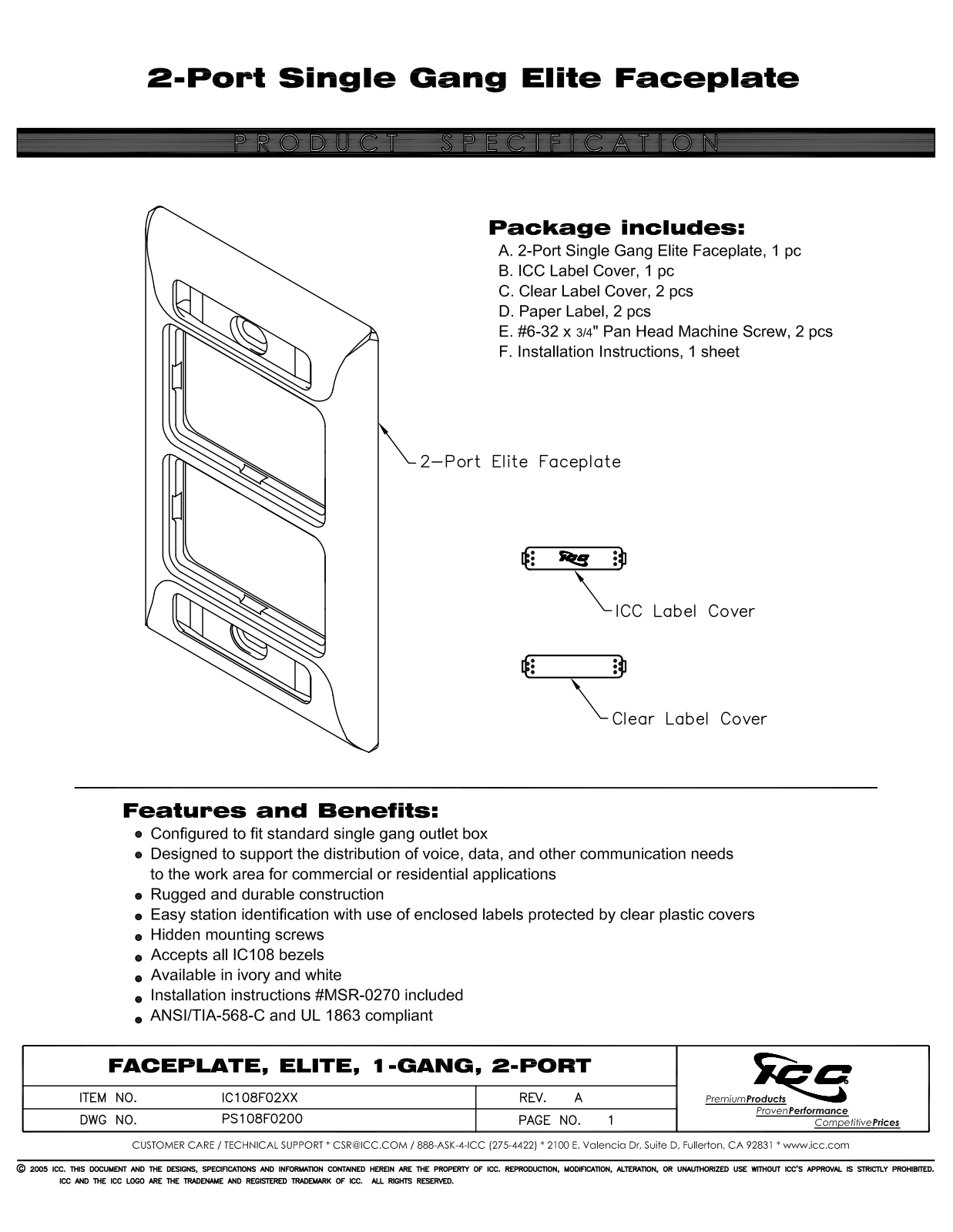 ICC IC108F02IV, IC108F02WH Specsheet