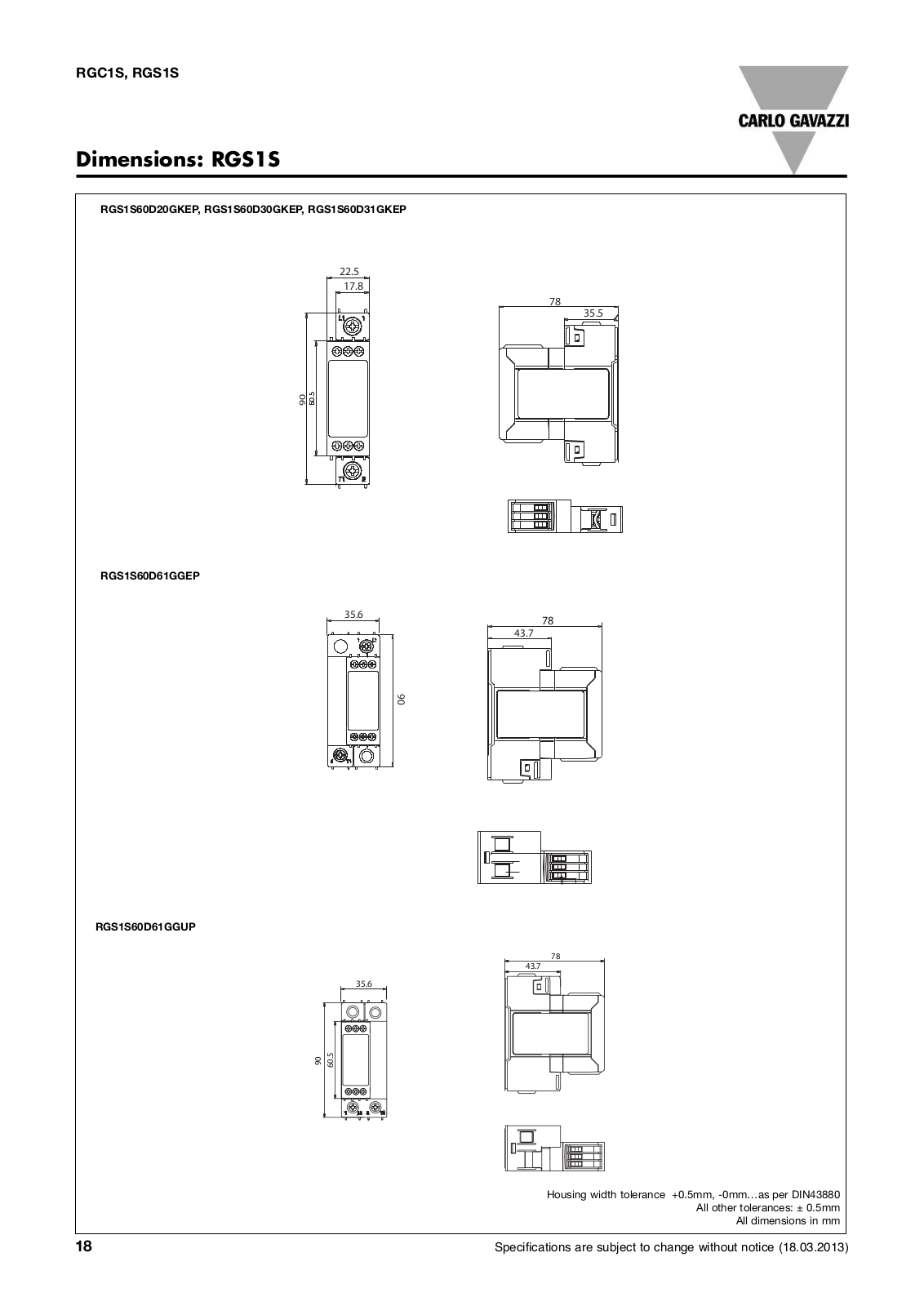 Carlo Gavazzi RGC1S, RGS1S Dimensional Sheet