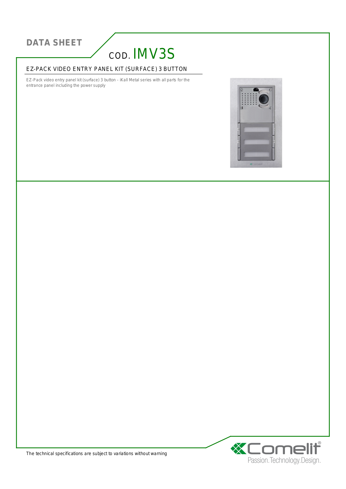 Comelit IMV3S, IMV3S-IP Specsheet