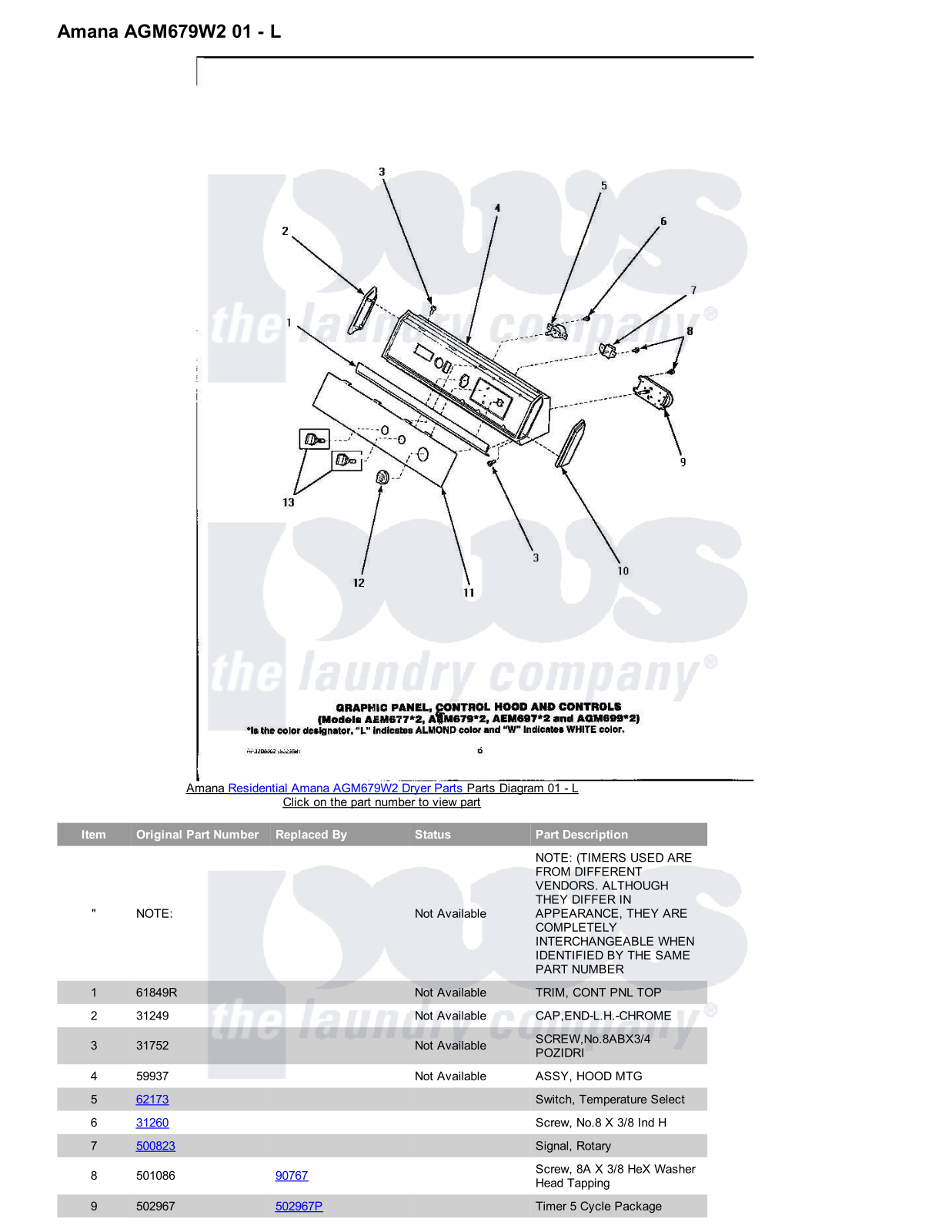 Amana AGM679W2 Parts Diagram