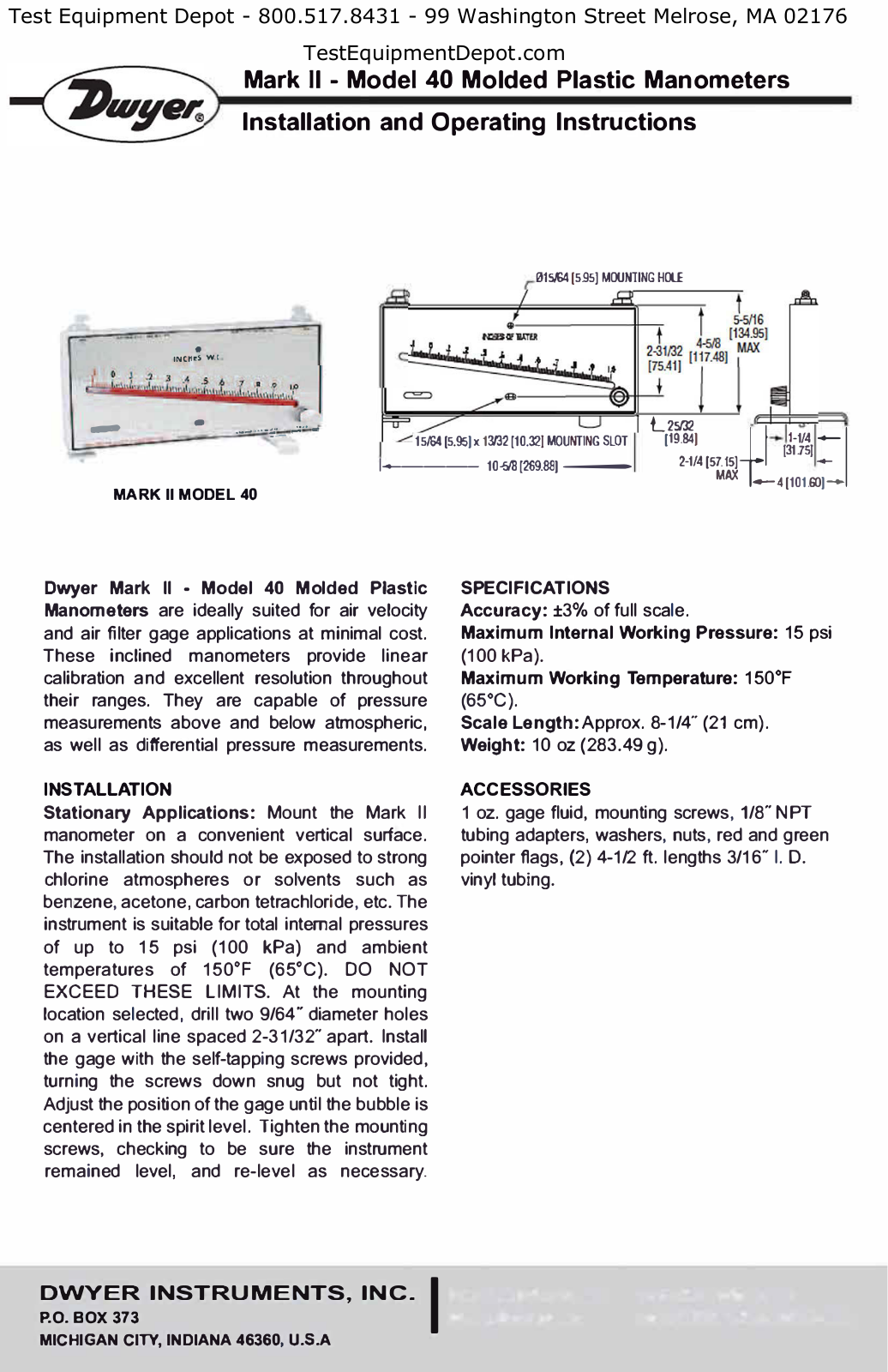 Dwyer Instruments Mark II 40-2, Mark II 40-2-AV, Mark II 40-1, Mark II 40-1-AV, Mark II 41-250 Pa Installation And Operating Instructions Manual