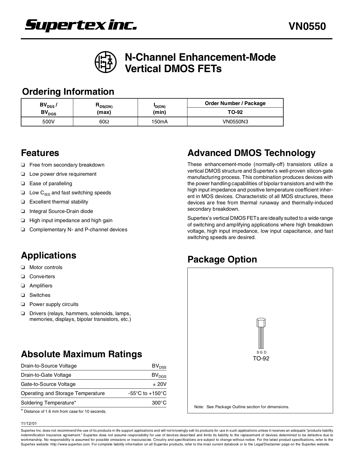 Datasheet VN0550N3 Datasheet (Supertex) - ManualMachine.com