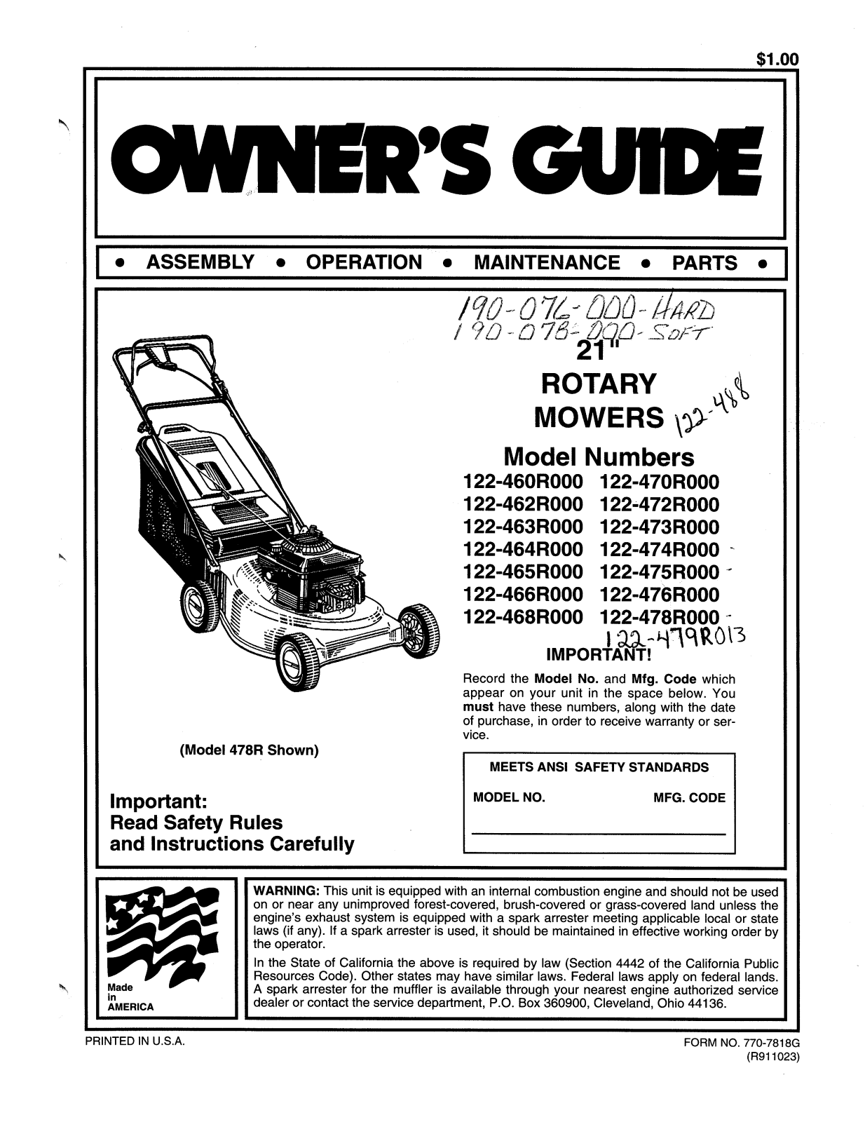 MTD 122-473R000, 122-468R000, 122-464R000, 122-463R000, 122-460R000 User Manual