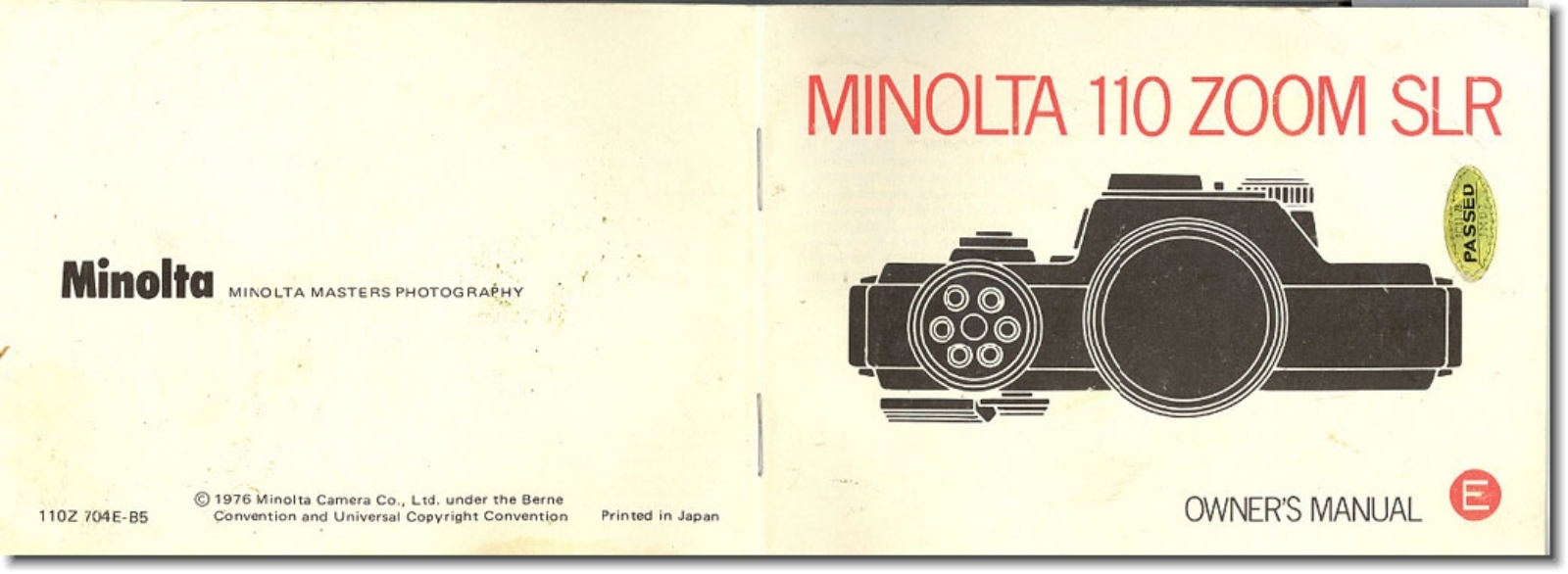 MINOLTA 110 Zoom SLR Owner's Manual