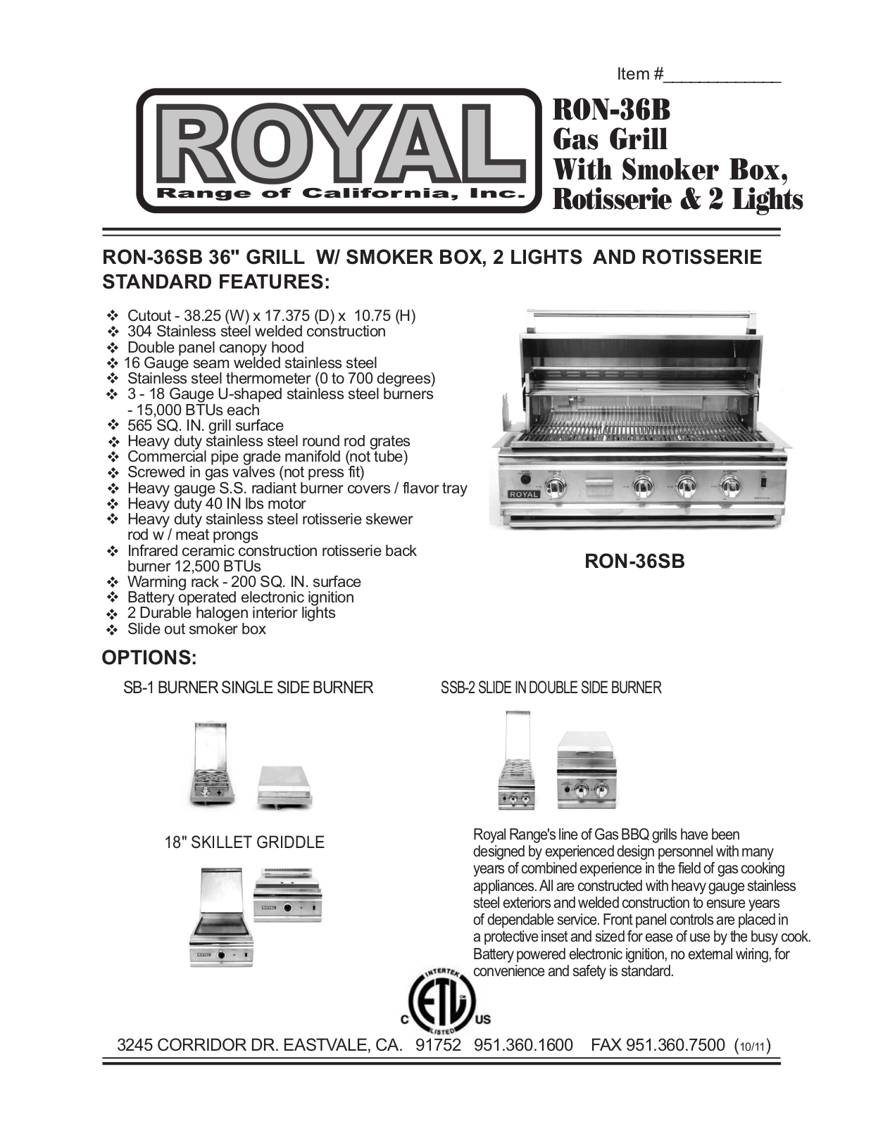 Royal Range RON-36B User Manual