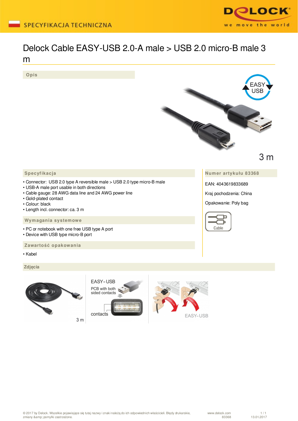 DeLOCK EASY-USB 2.0 cable, USB-A  plug  on micro-B  plug , 3m User Manual - ManualMachine.com