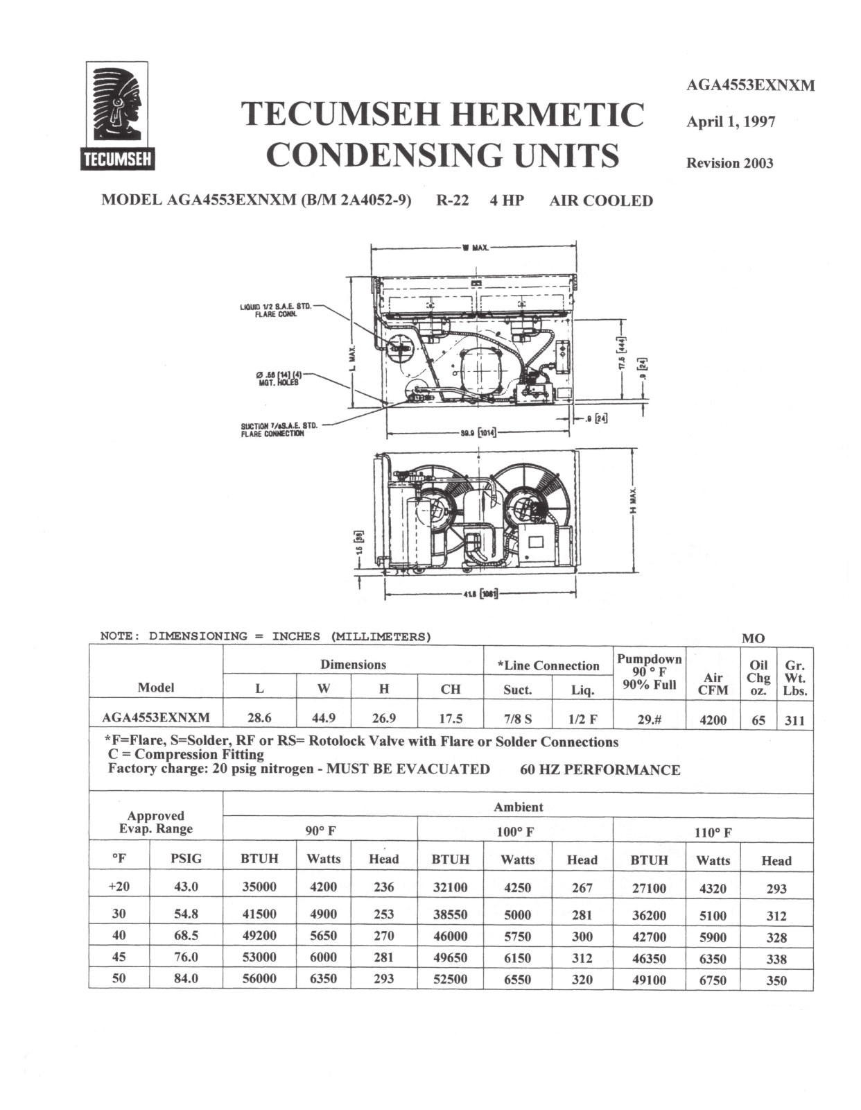 Tecumseh AGA4553EXNXM Performance Data Sheet